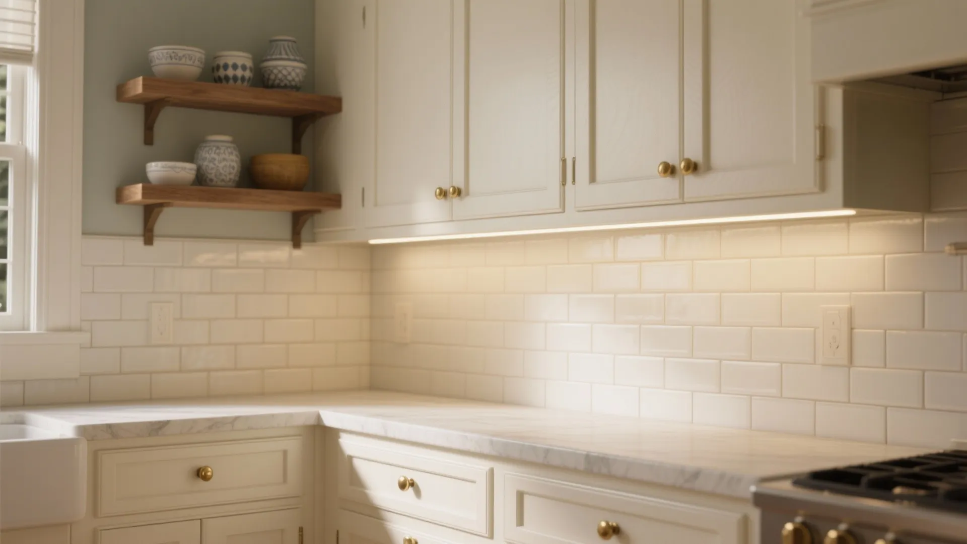 Modern kitchen with white cabinets marble countertop under cabinet lighting and subway tile backsplash wall design