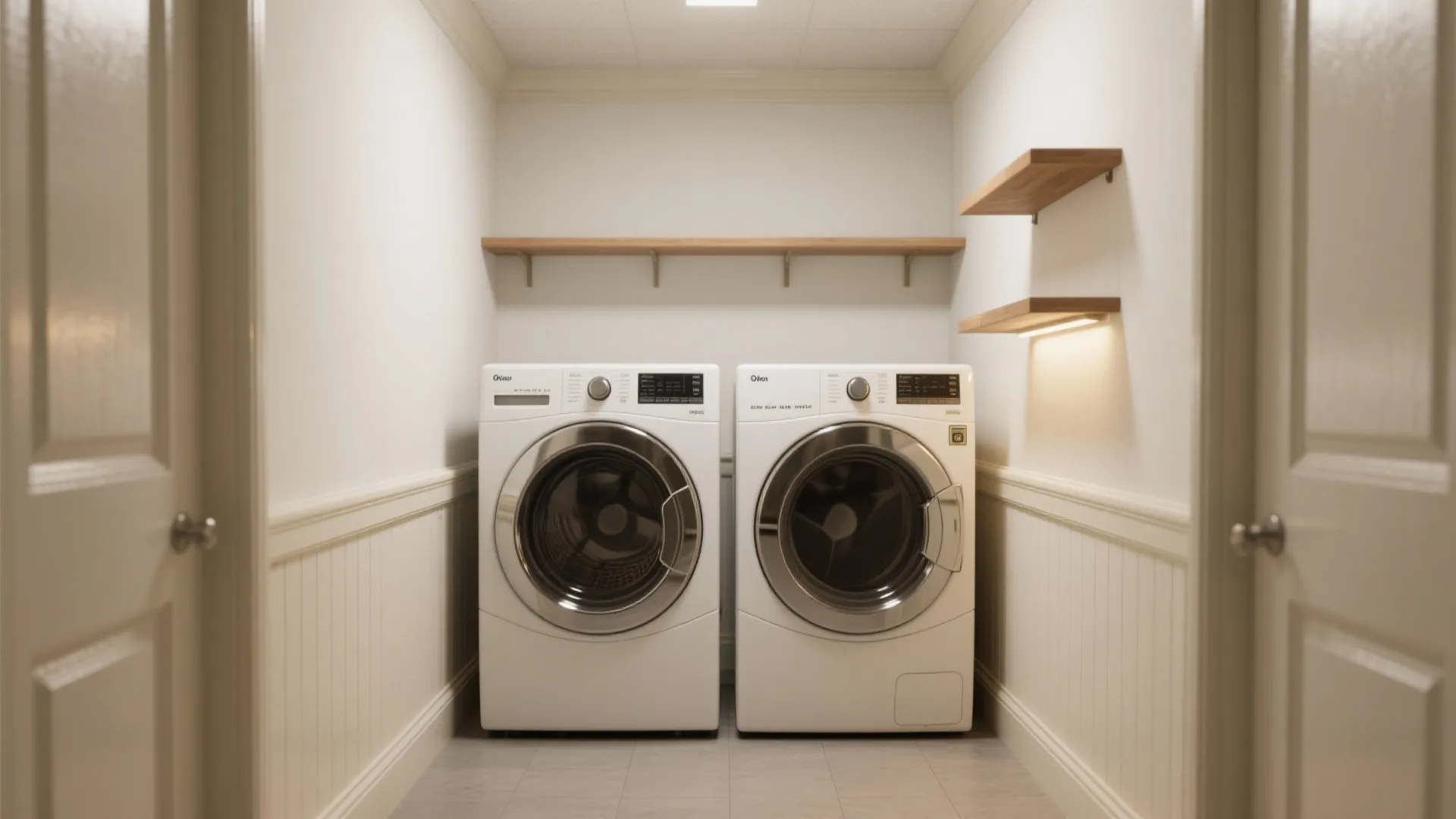 Small laundry room with two white washing machines wood wall shelves and white wall panel