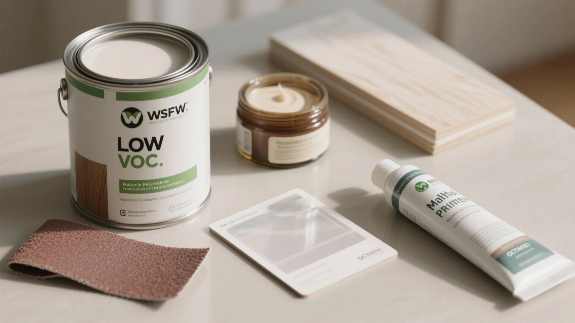 Close-up of paints, sealer, sandpaper and primer used for white-wash finishes.