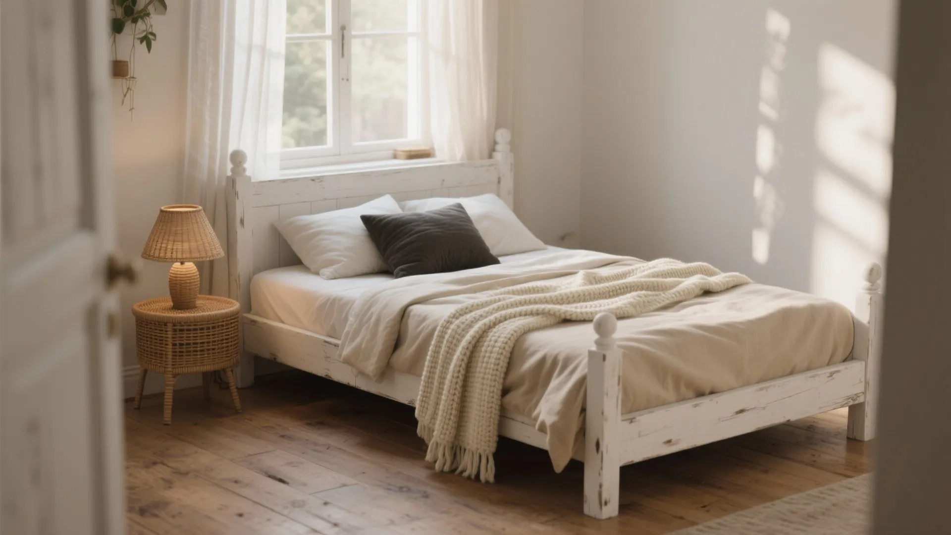 Vintage white wooden bed with beige blanket on wood floor next to a woven lamp