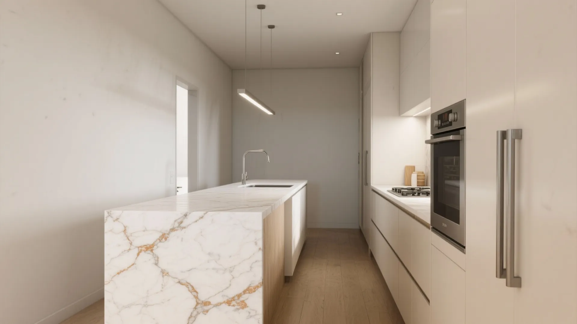 Minimalist white kitchen with marble island and wood floor including built in oven and lights
