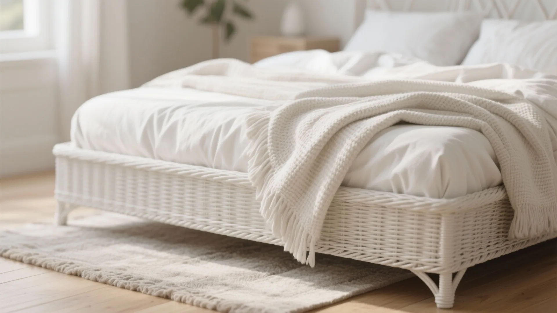 Close-up of white linens and textured throws layered on a white wicker bed with light wood floor