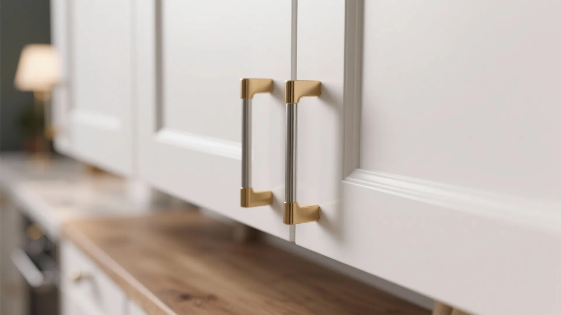 White cabinet handles with brass and brushed nickel tips coordinating with kitchen hardware