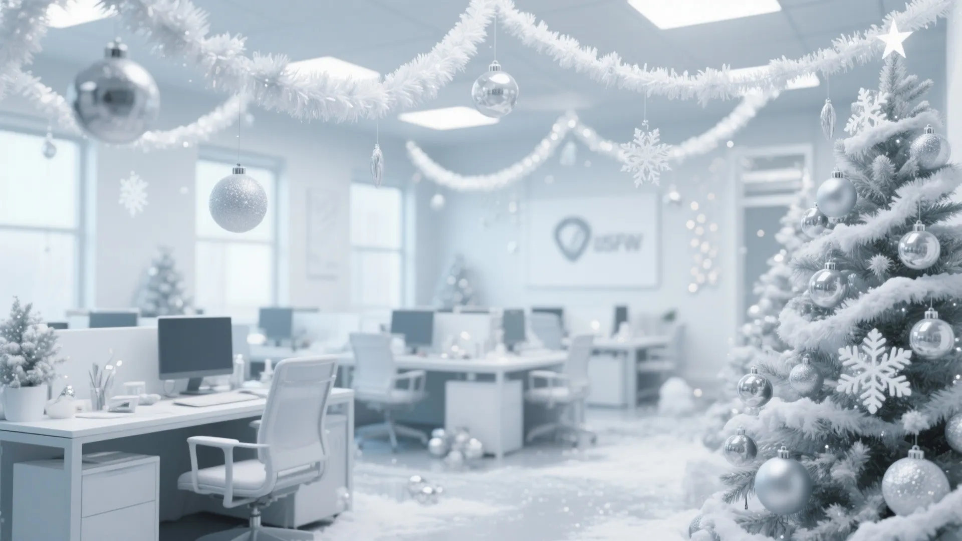 White winter themed office interior with snow decorations silver ornaments and frosted Christmas tree design