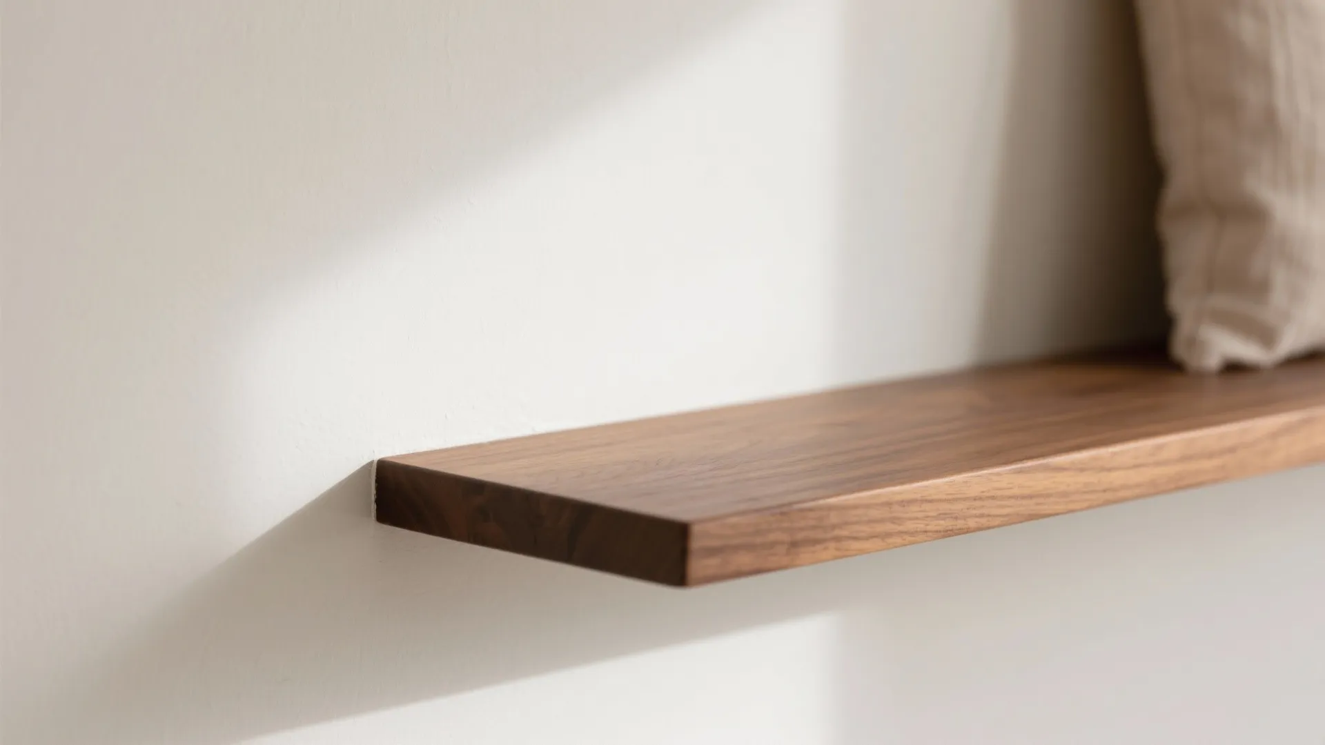 Minimalist floating wooden shelf mounted on a plain white wall with soft natural sunlight shadows