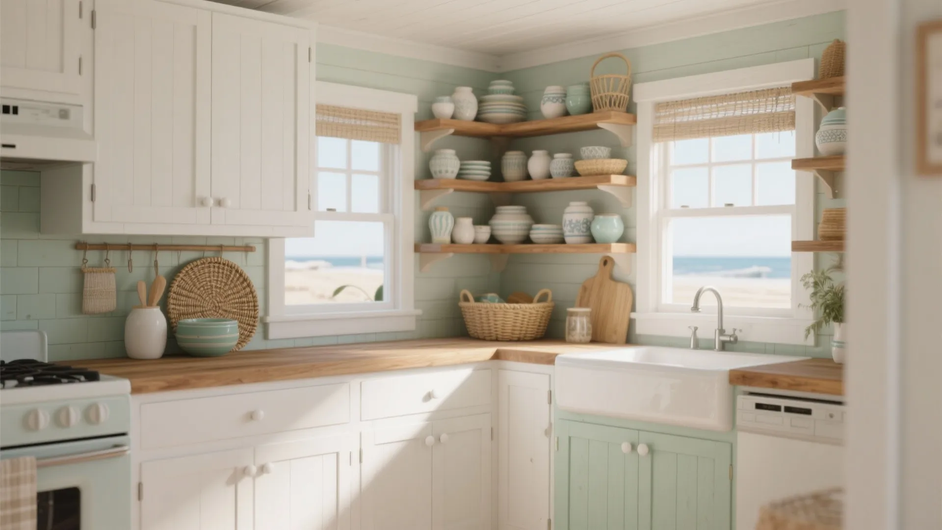 Coastal cottage kitchen combining white pulls with warm oak open shelving for an airy yet grounded look.