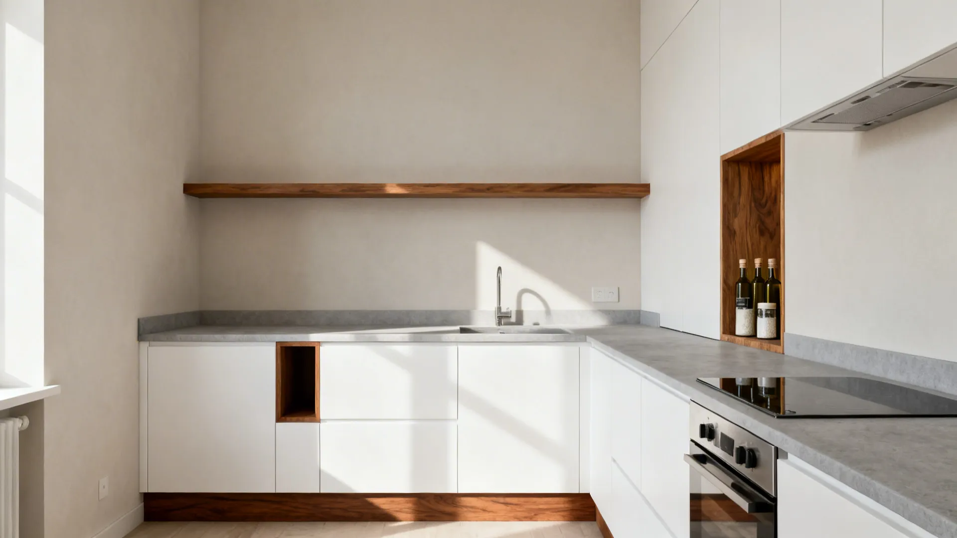 White cabinets with a slim oak shelf and a walnut toe-kick in a bright small kitchen.