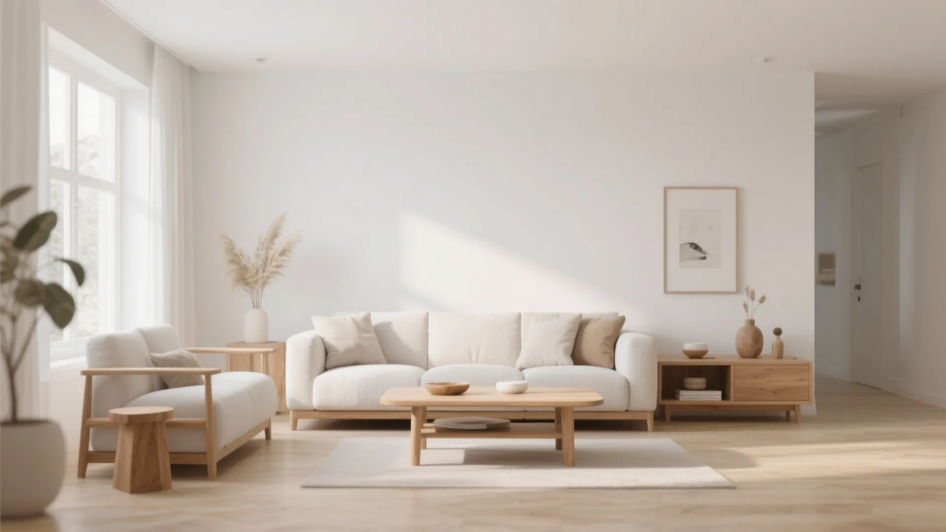 Minimalist living room with white sofa, wooden coffee table, cabinet, and light wood floor design