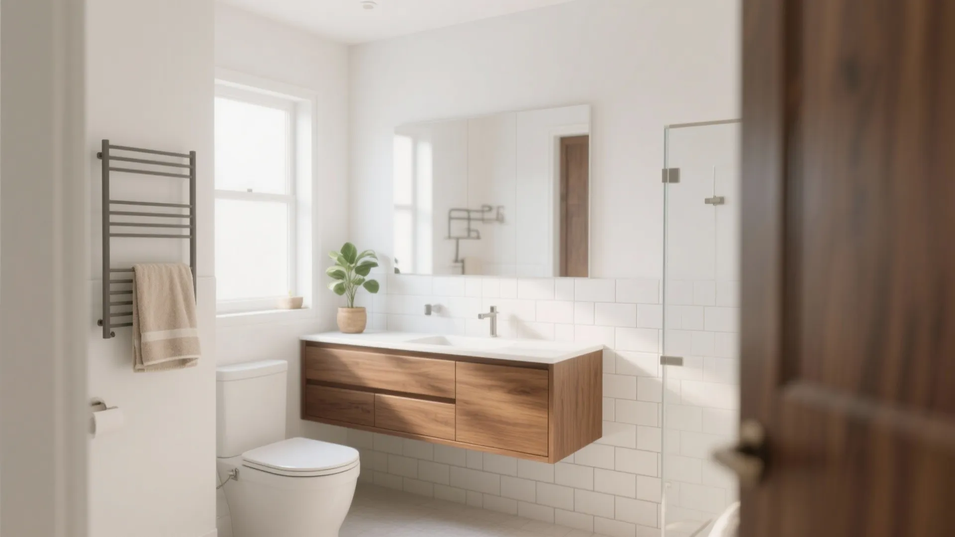 Bright bathroom with white tiles wooden cabinet white toilet large mirror and a small plant