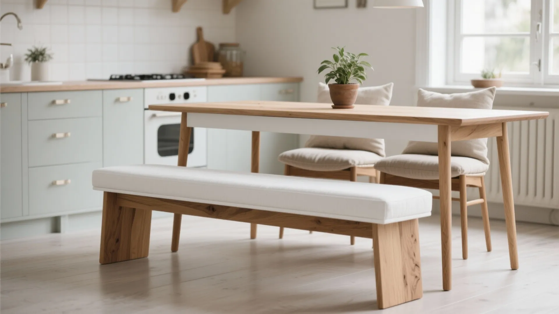 4. Mixed-Materials Bench: White Paint + Natural Wood