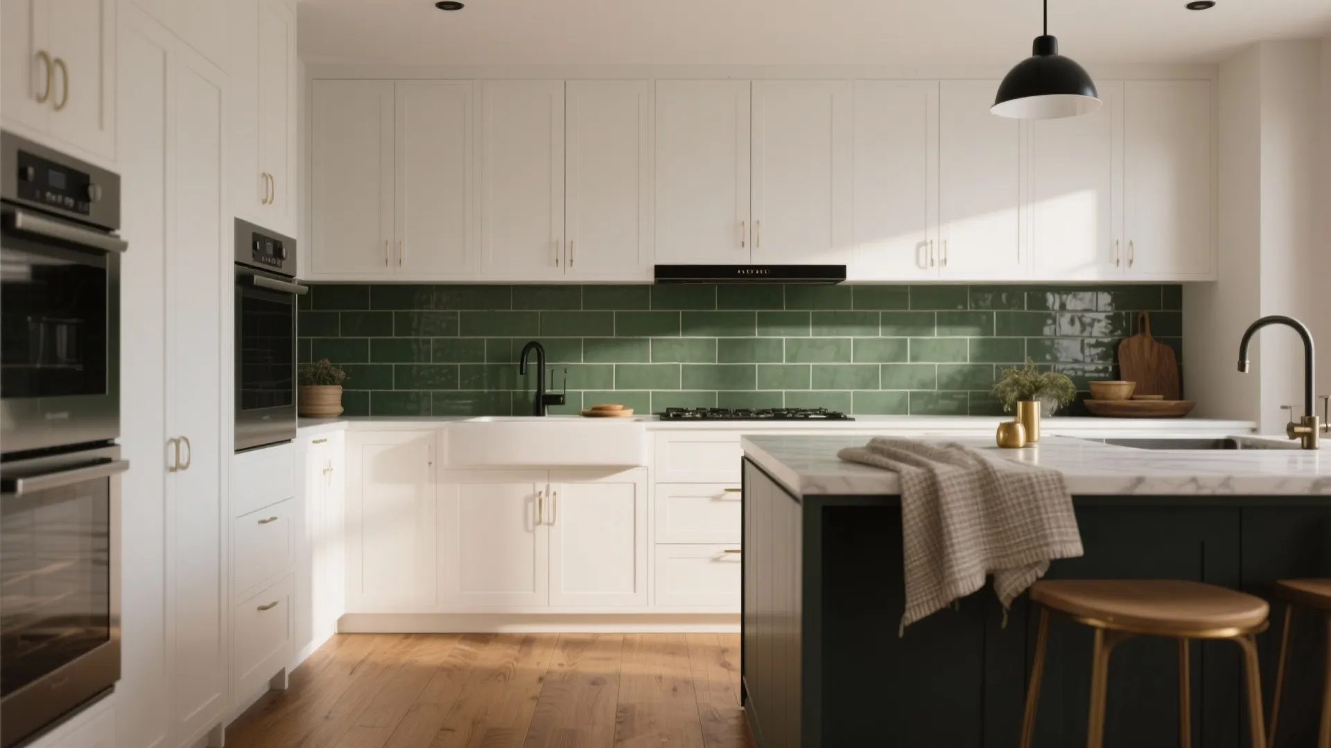4. White cabinets, warm wood floors, and bold accents