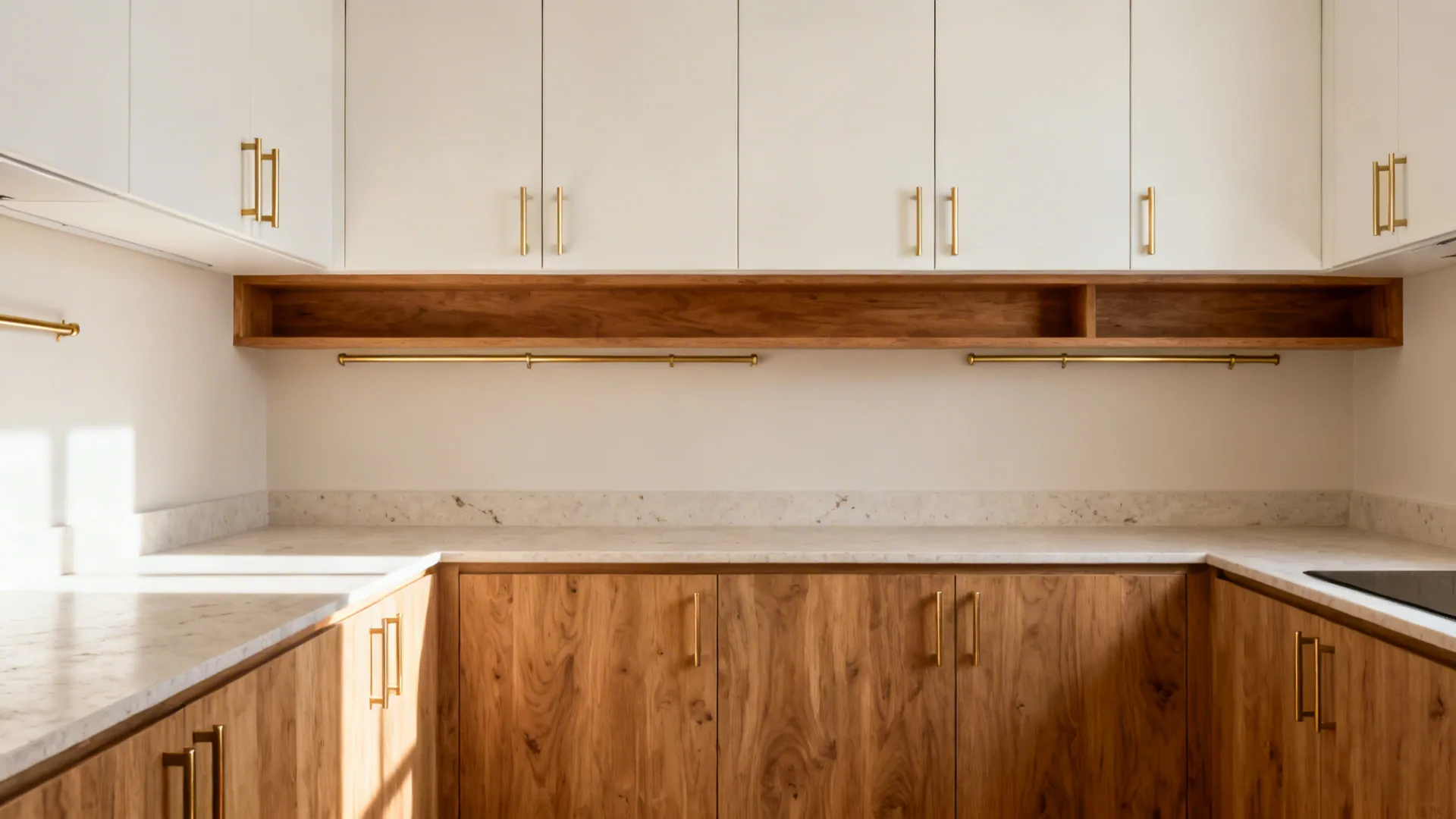 Soft white uppers, warm wood lowers, and brushed brass hardware in a compact kitchen.