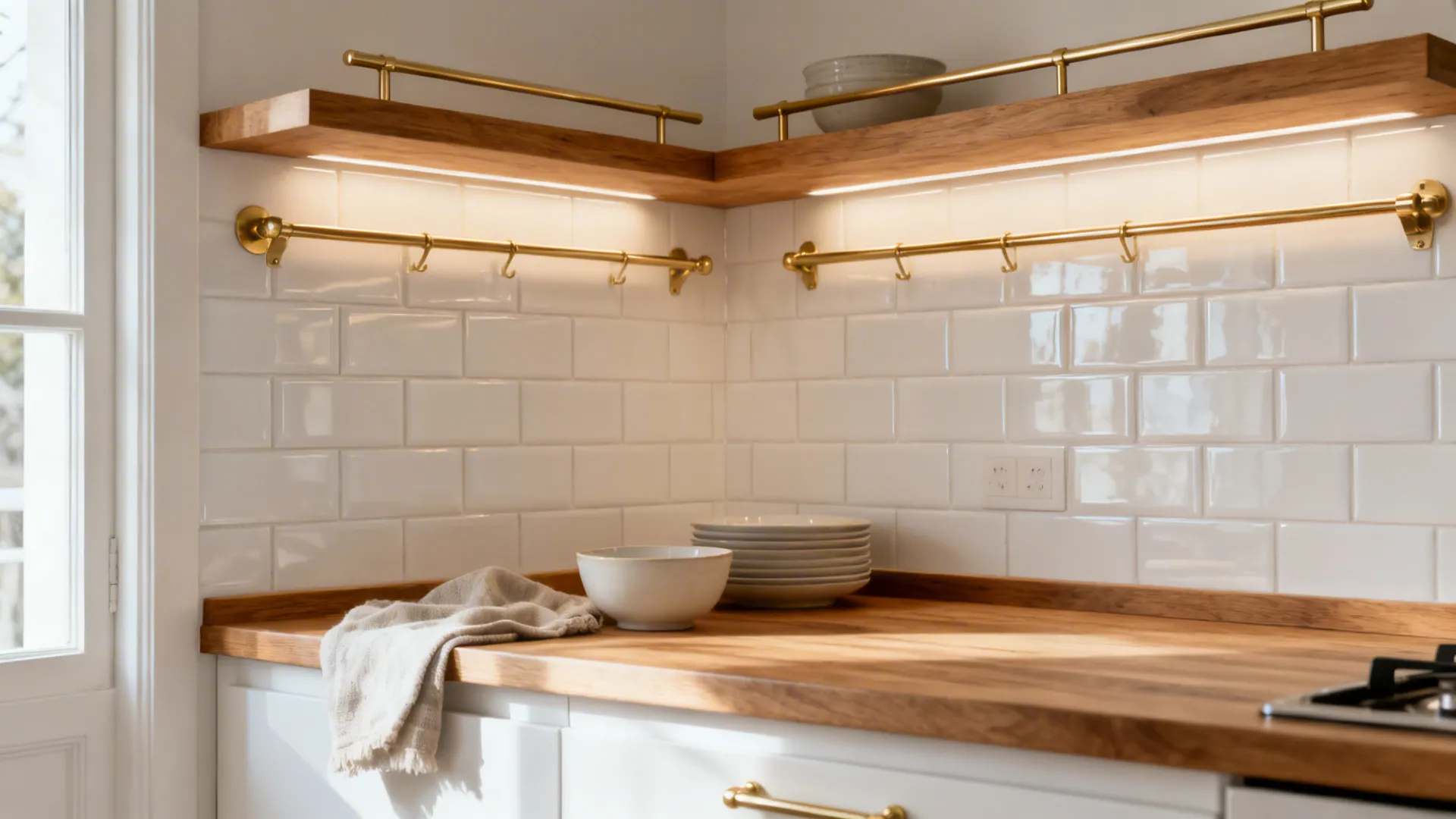 White tile kitchen warmed by oak shelves and brushed brass accents under soft light.