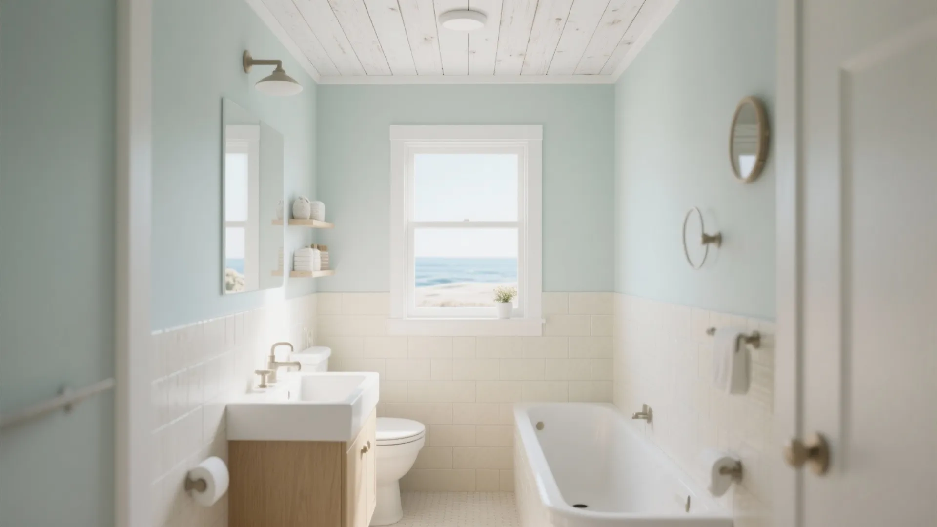Light blue bathroom with white wall tiles wooden vanity bathtub toilet and white wood ceiling