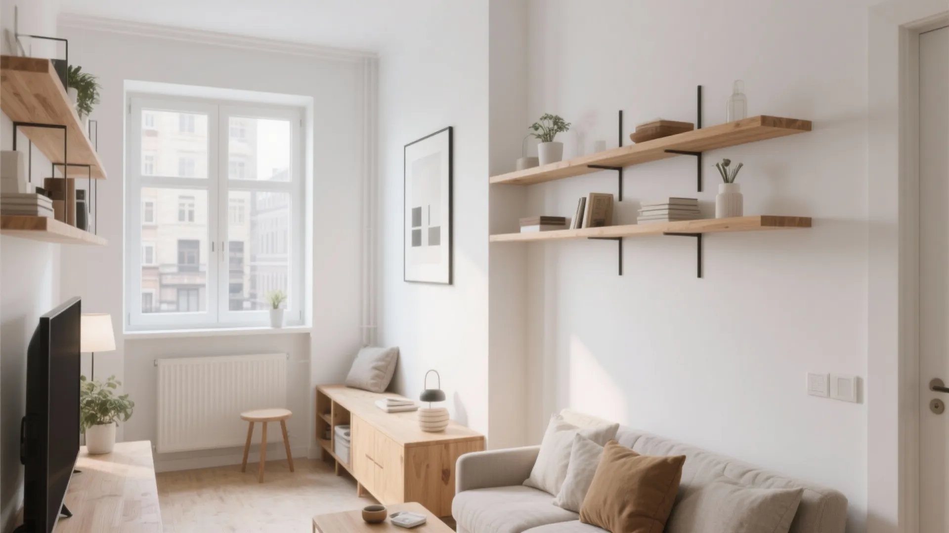 Modern bright living room featuring a grey sofa wooden wall shelves and a large window