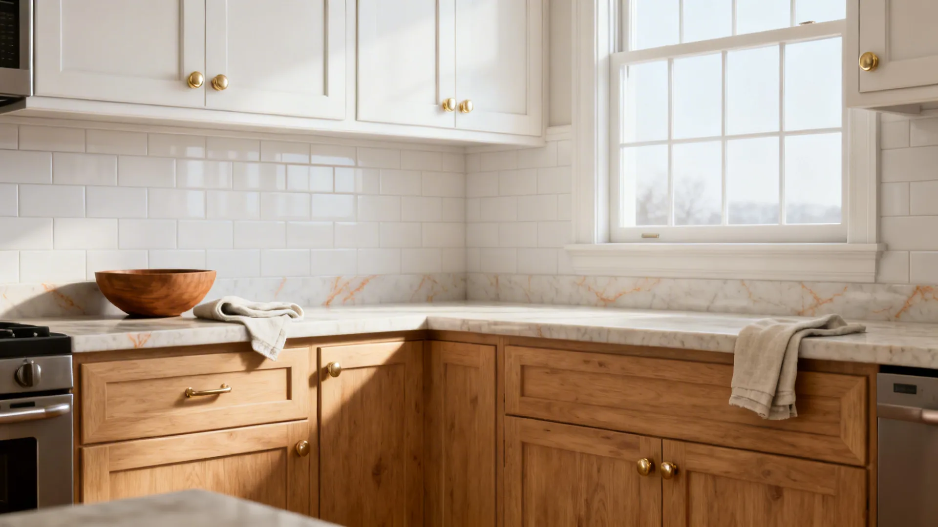 Warm white uppers paired with light oak lowers in a small galley kitchen