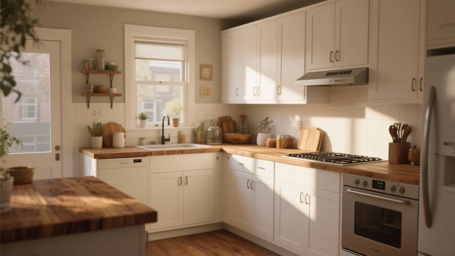 3. White Base with Contrasting Wood Countertops