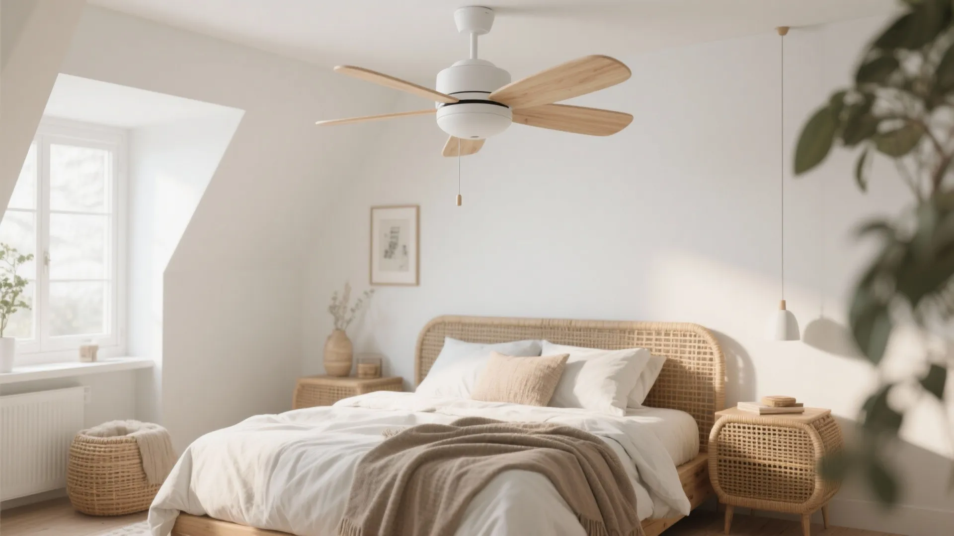 Bright modern bedroom with white ceiling fan featuring wood blades above bed with rattan headboard
