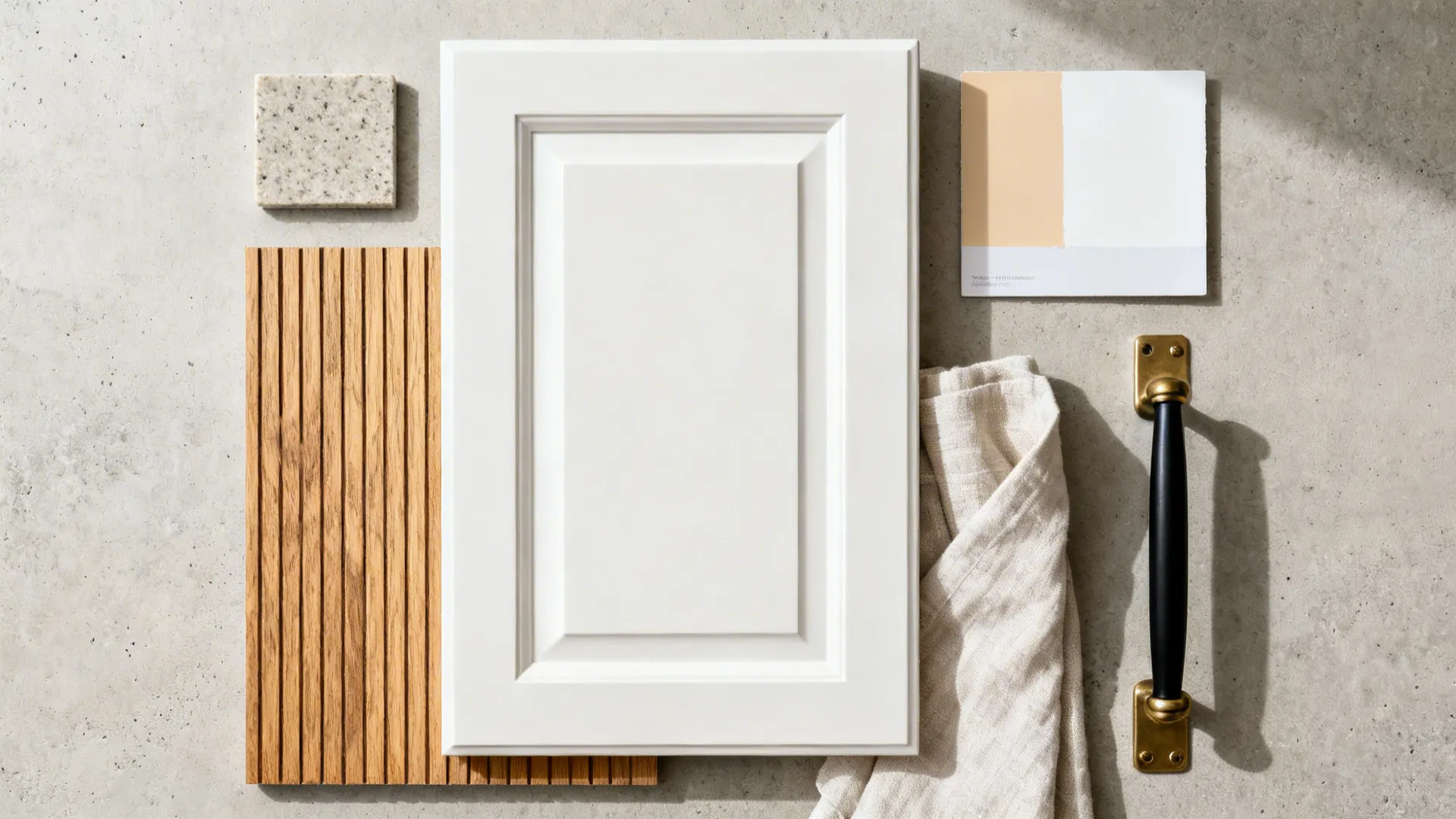 Flat lay of white cabinet, oak veneer, quartz, and mixed hardware finishes.
