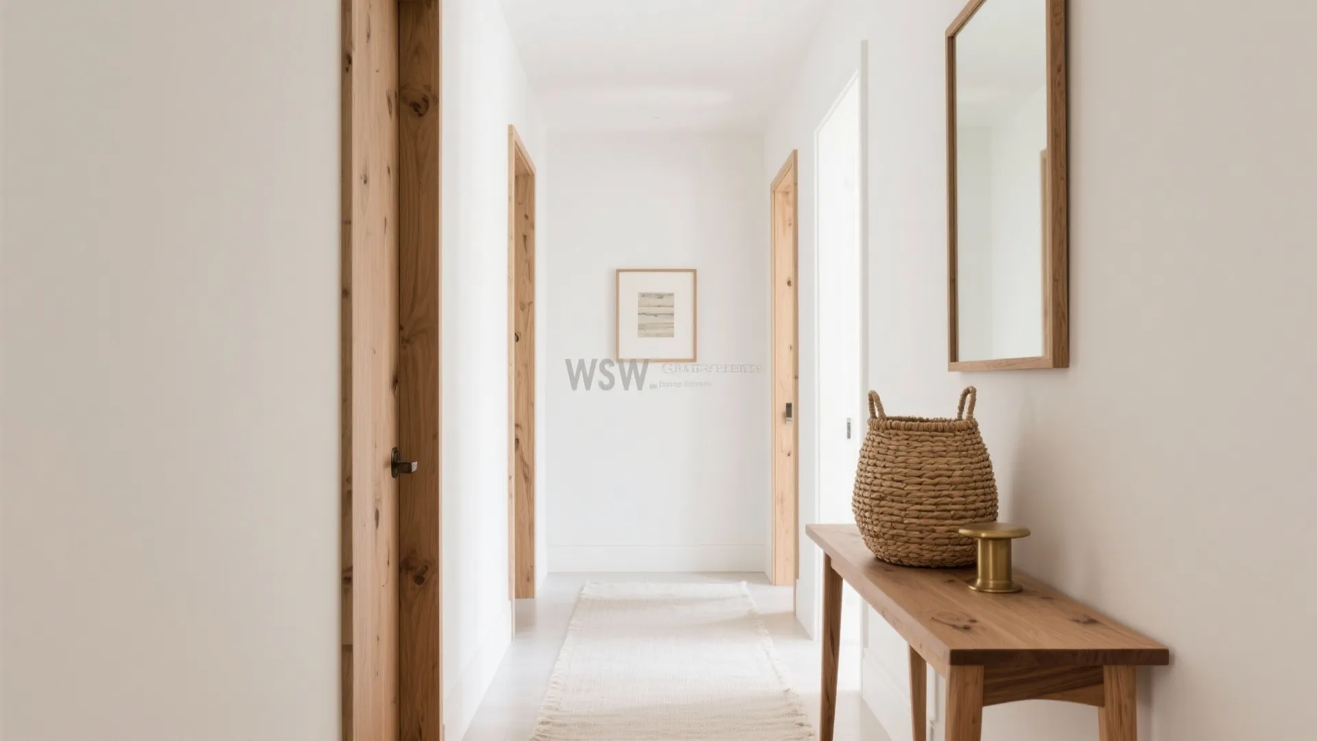 Minimalist white hallway featuring wooden doors wooden table with woven basket and a large mirror