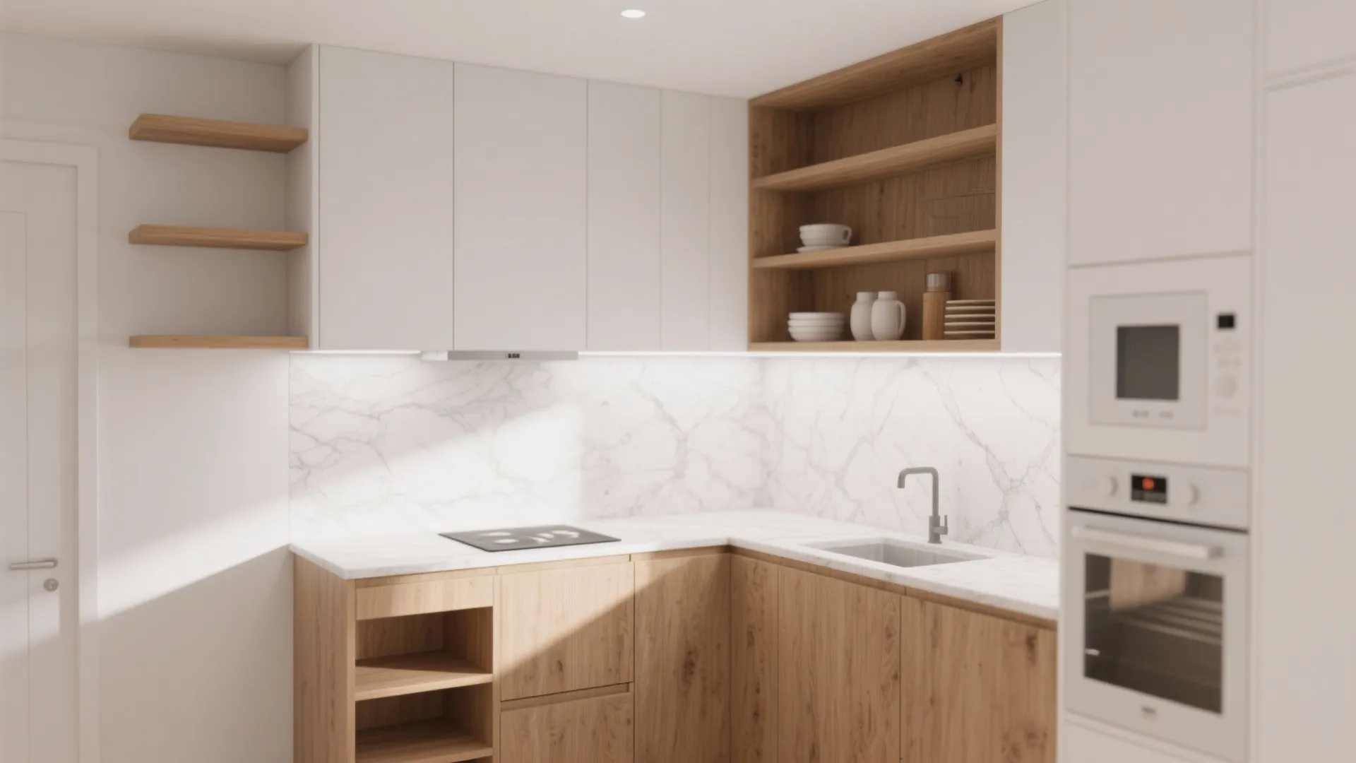 1. Crisp White with Warm Wood Accents