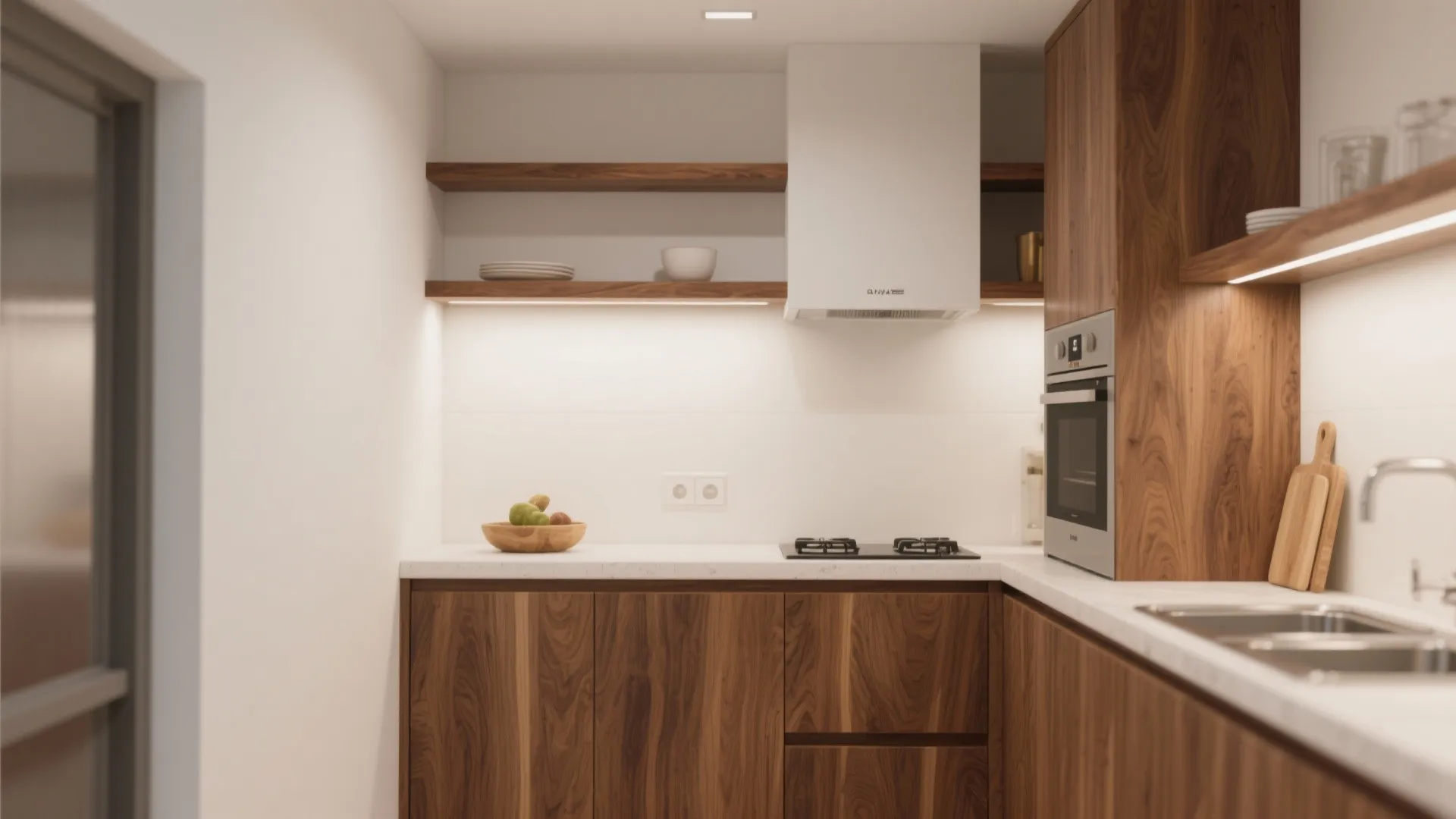 Modern kitchen with wood cabinets white countertops silver oven and shelves with warm under cabinet lighting