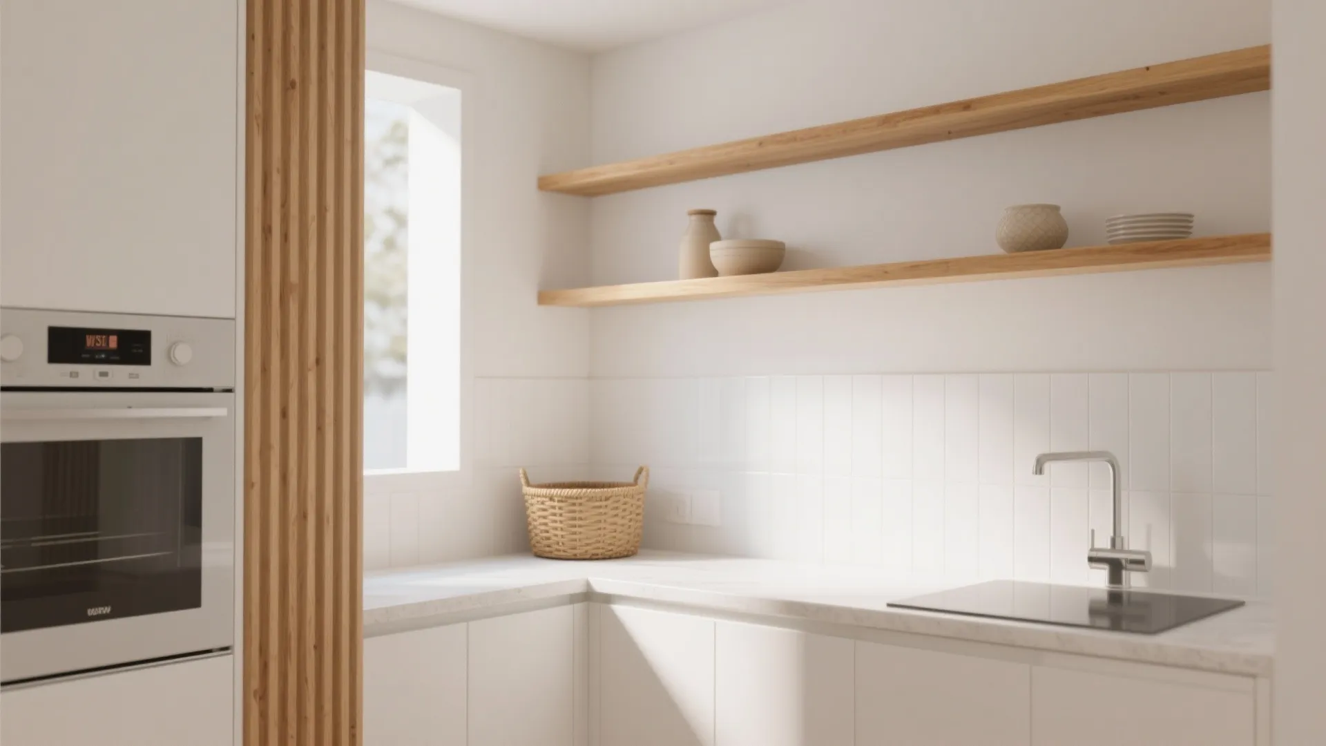 Bright white kitchen with wooden shelves white wall tiles modern oven and clean sink area