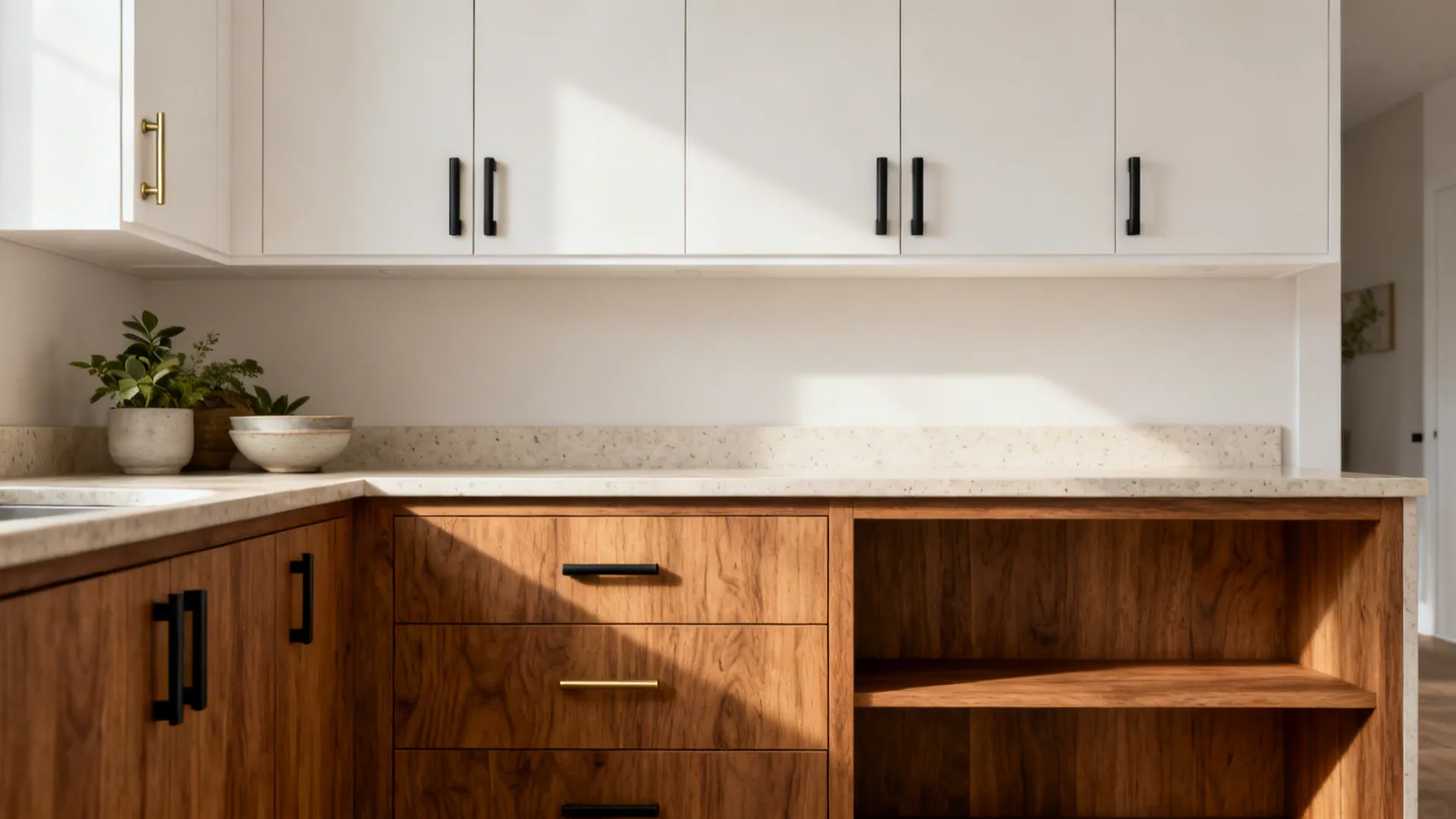 Kitchen with white upper cabinets and warm oak lower cabinets for contrast.