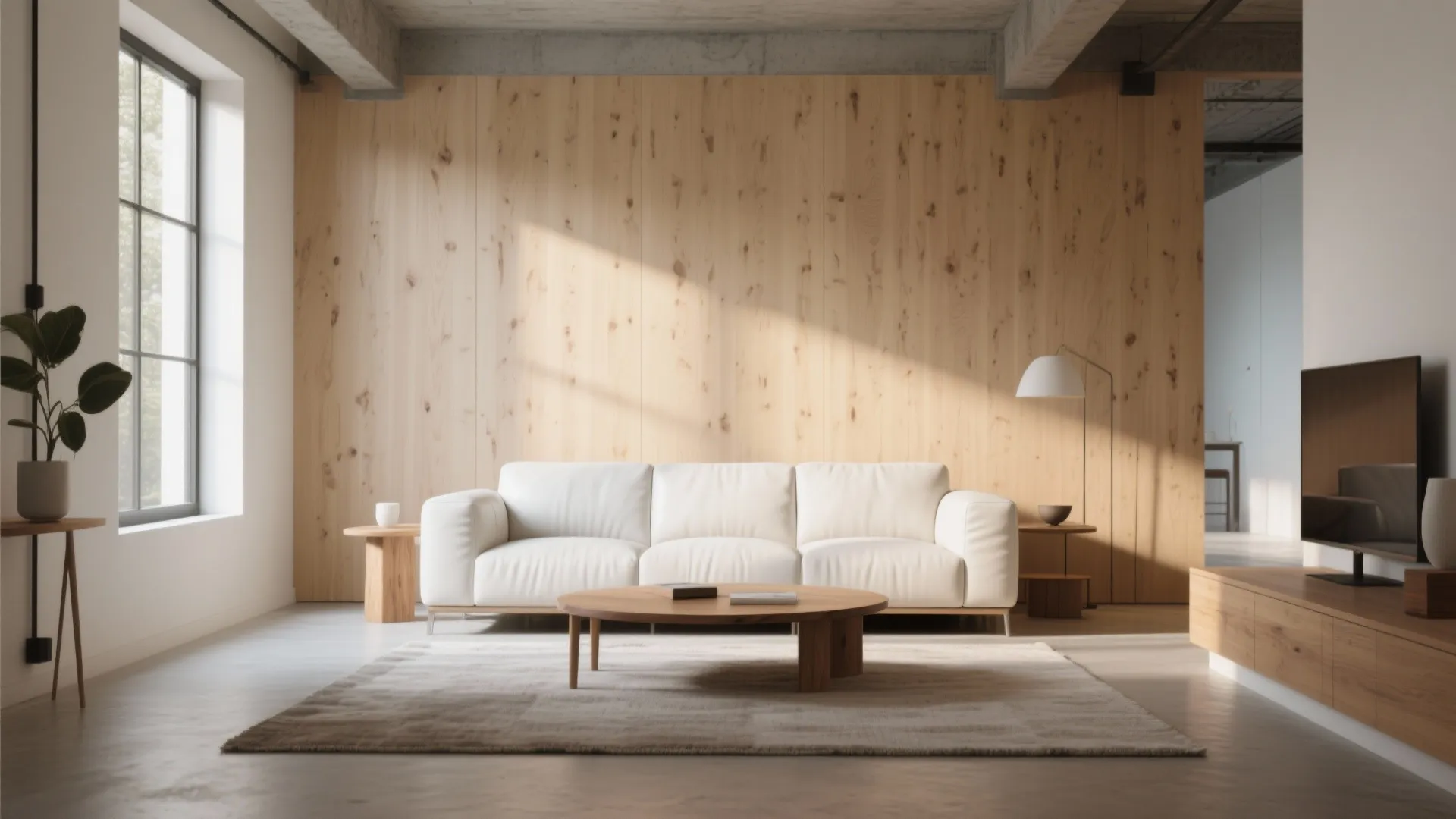 Modern interior design with white sofa wood wall panel round coffee table and large bright window