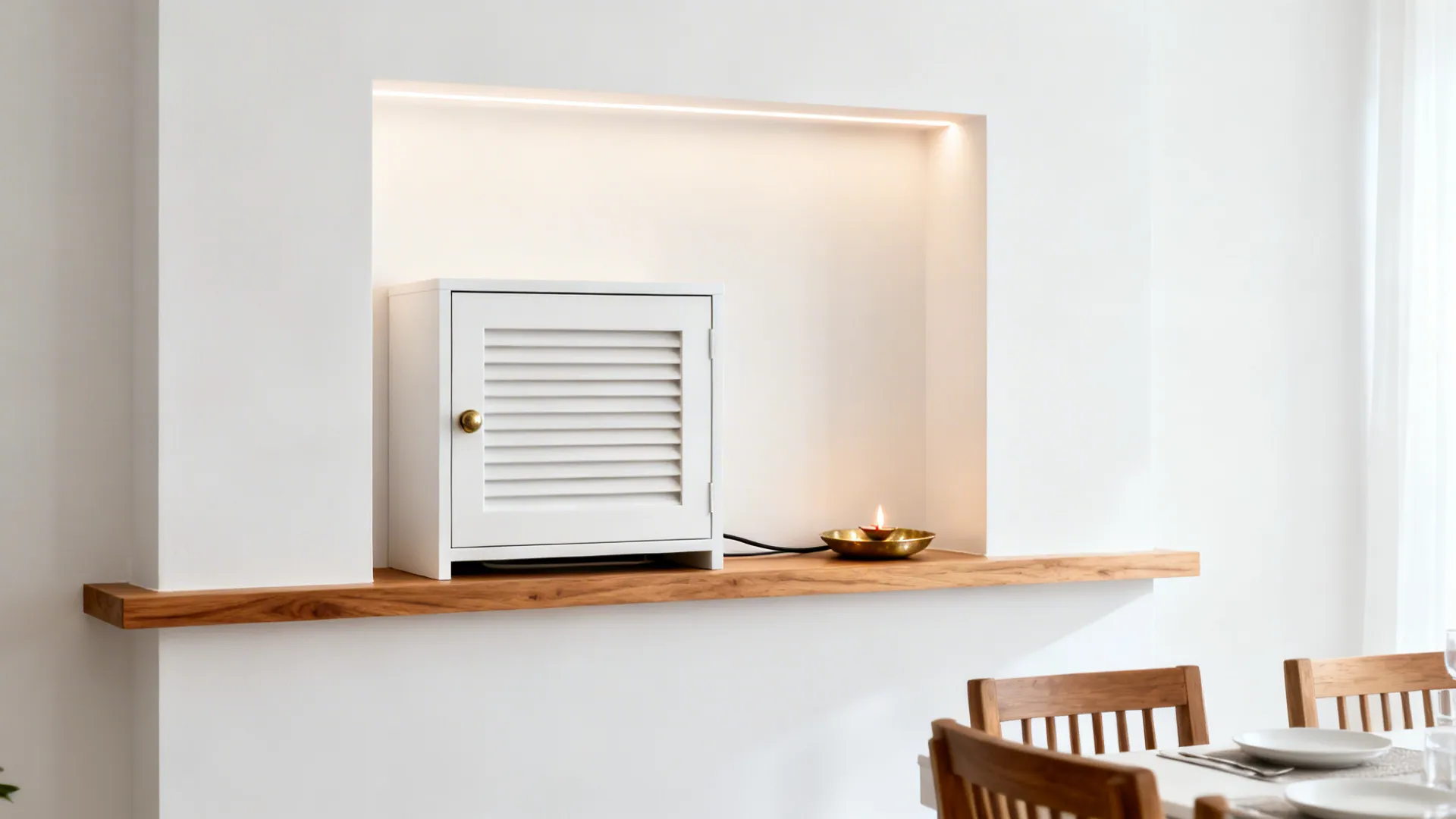 Minimal white-and-wood wall-mounted pooja unit with hidden storage in a dining niche.