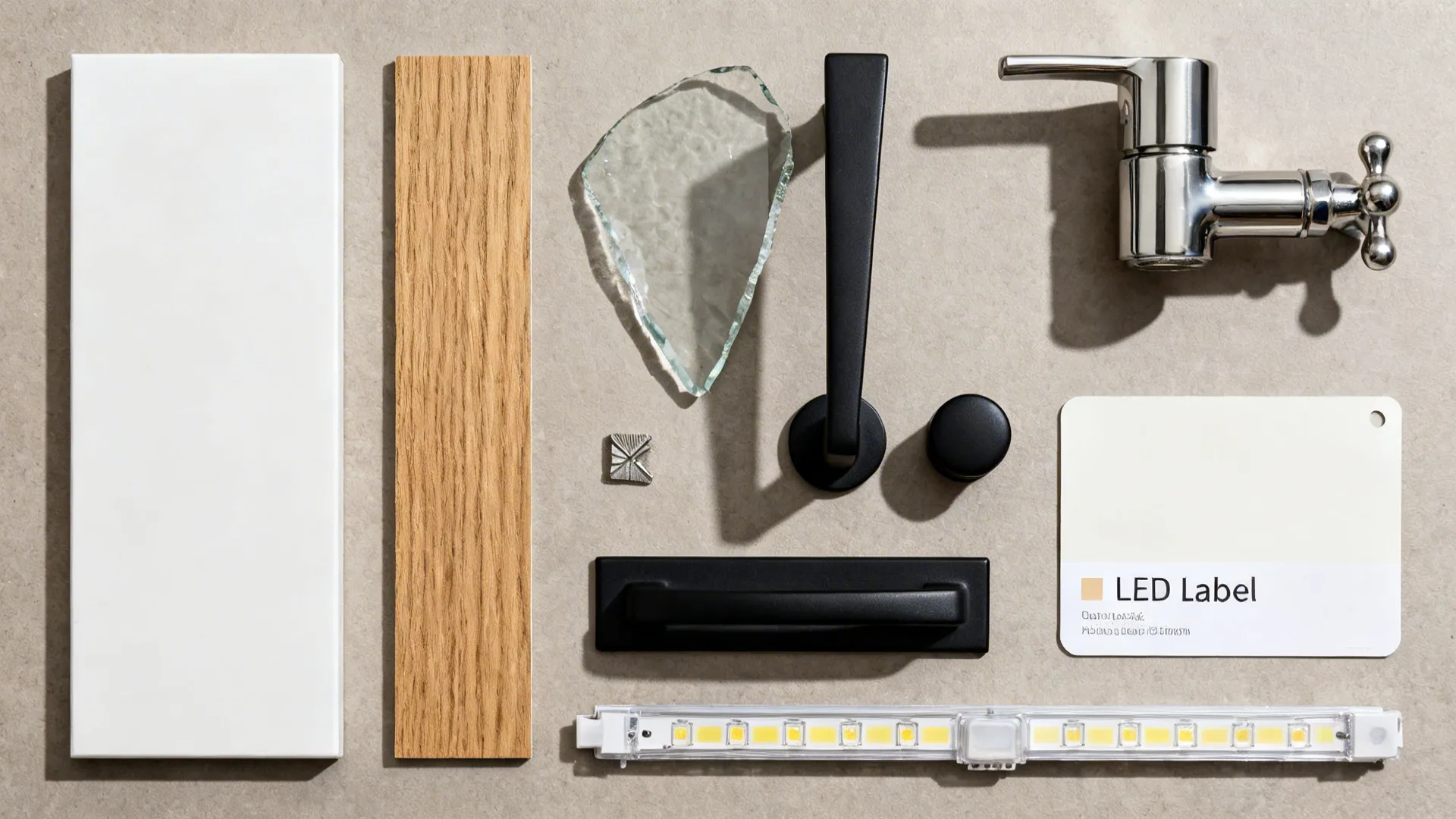 Flat lay of white cabinet, oak veneer, glass, quartz, and mixed metal finish samples.