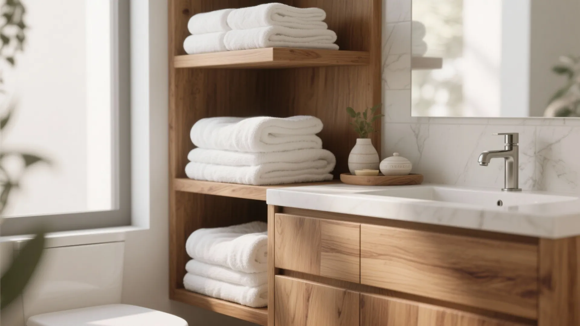 Light wood bathroom cabinet and shelves holding folded white towels next to a white sink