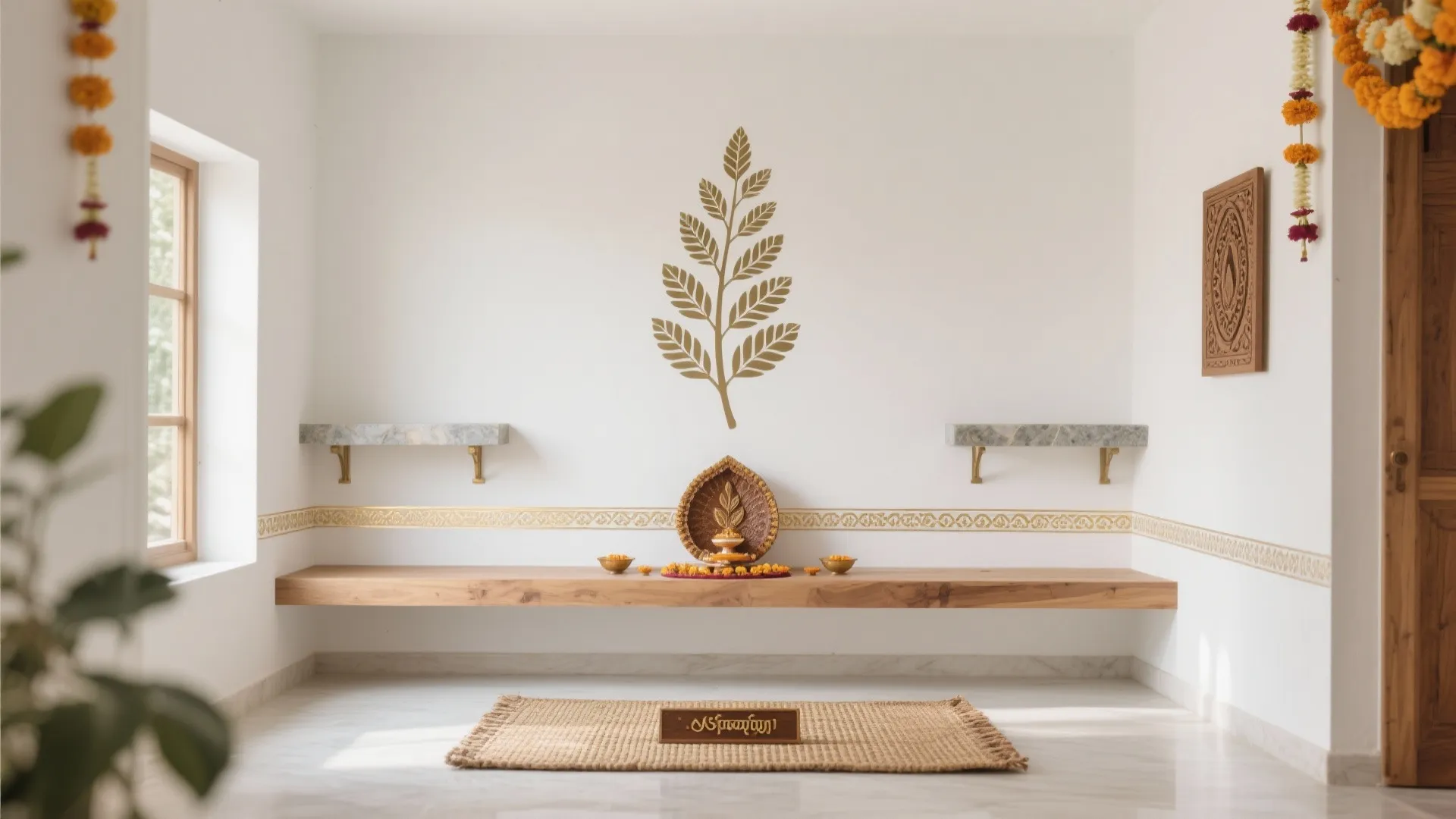 White and Wood Serenity with Tulsi Motifs