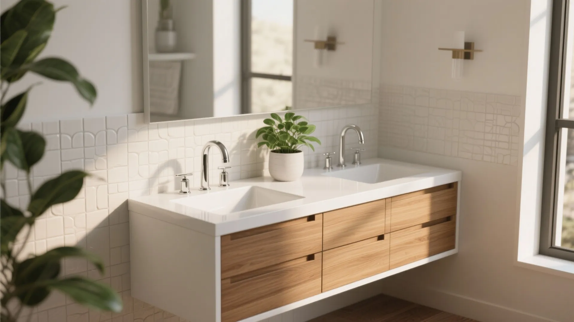 5. Mixed-Material Vanity: White Fronts + Wood Accents
