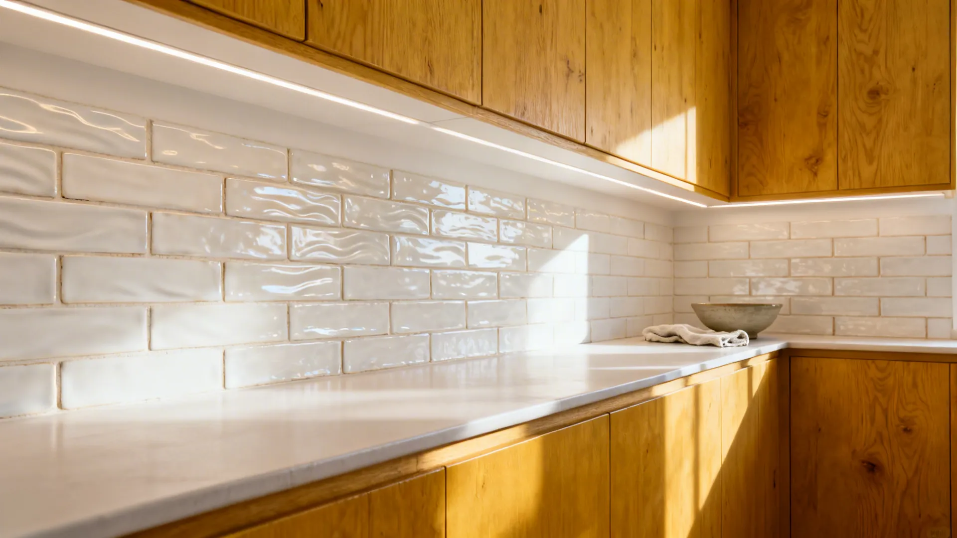 Honey oak cabinets with soft white zellige backsplash shimmering in gentle daylight.