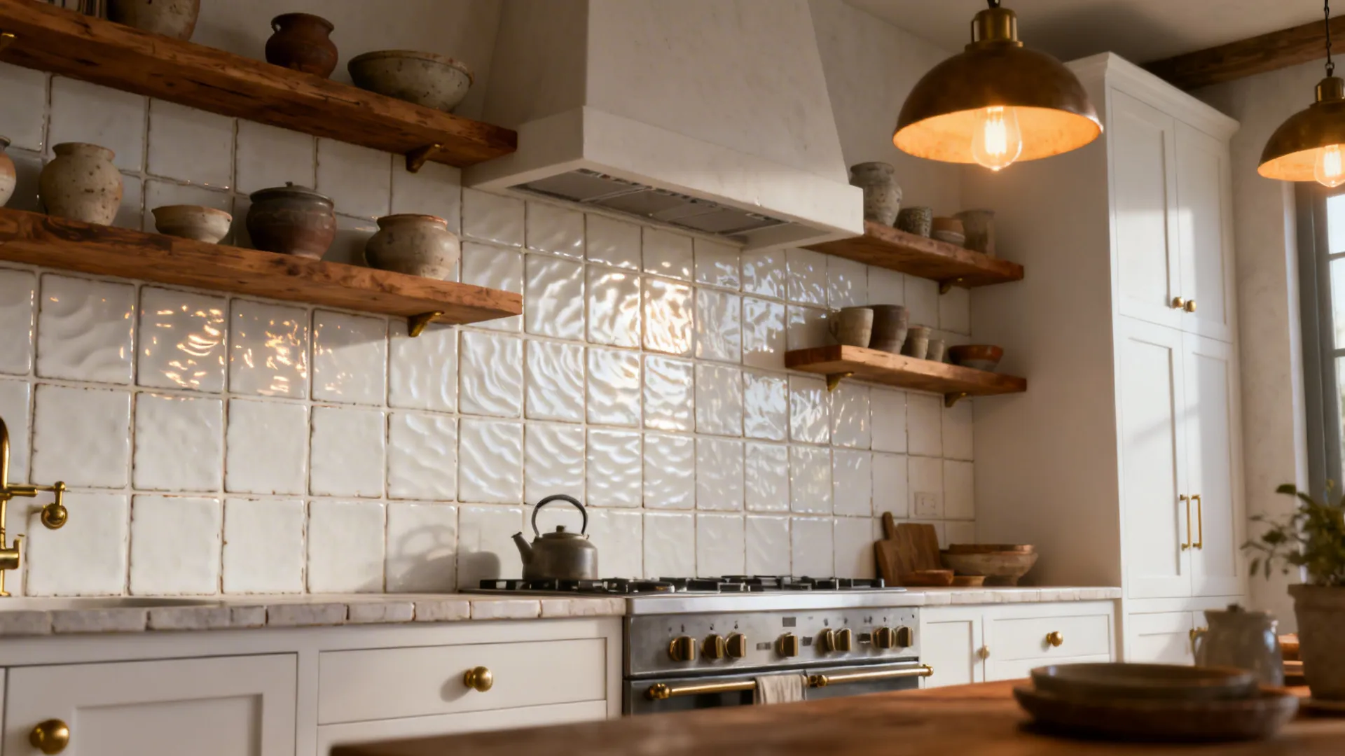 Soft white zellige-style square tiles with rippled surfaces and warm brass accents.