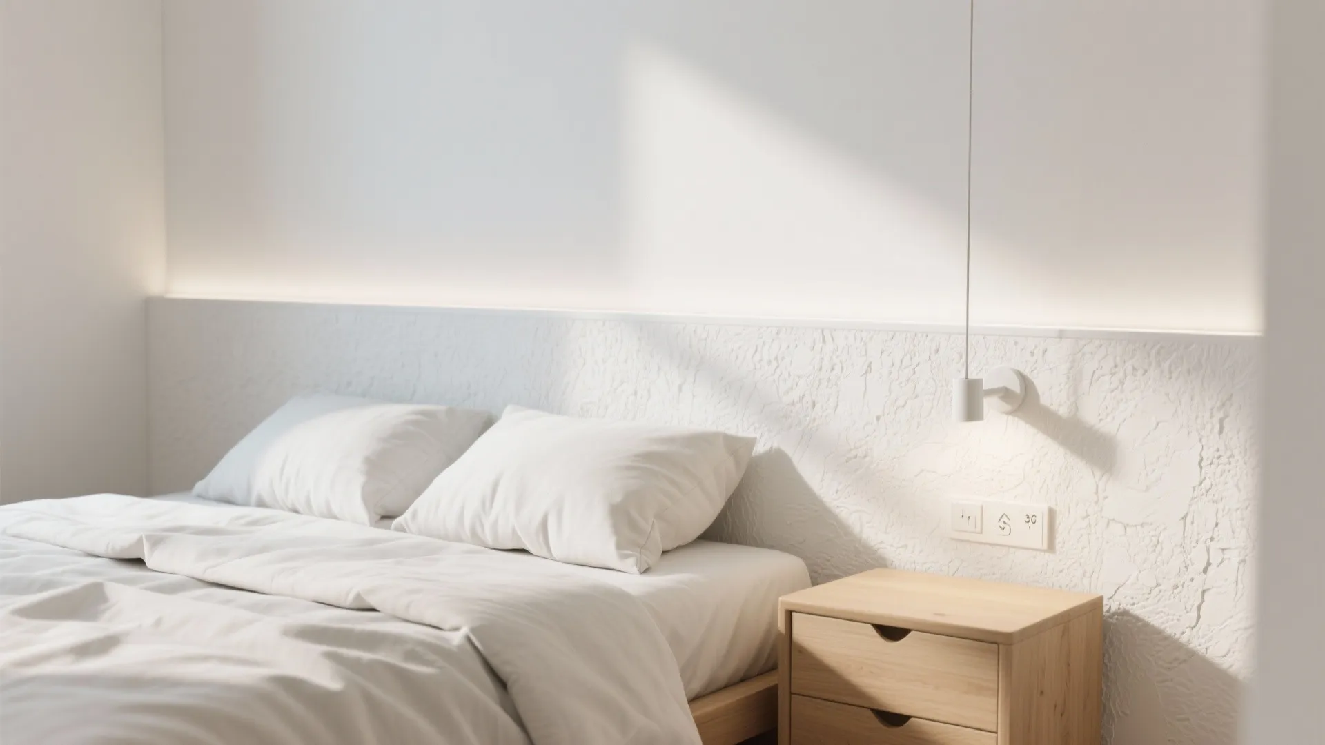 Studio bedroom with a textured white wallpaper band behind the bed that defines the sleep zone.