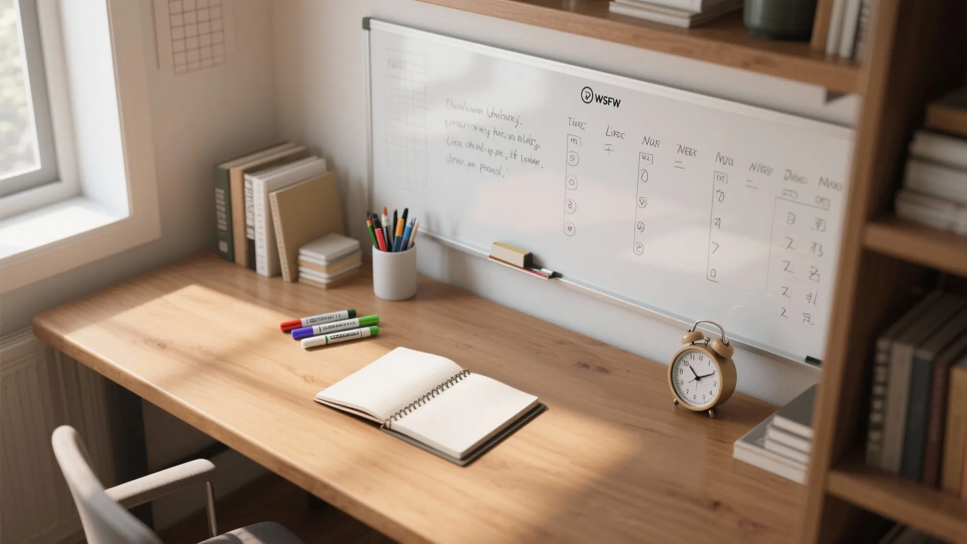 Wooden study desk featuring an open notebook, colorful markers, alarm clock, and a large whiteboard
