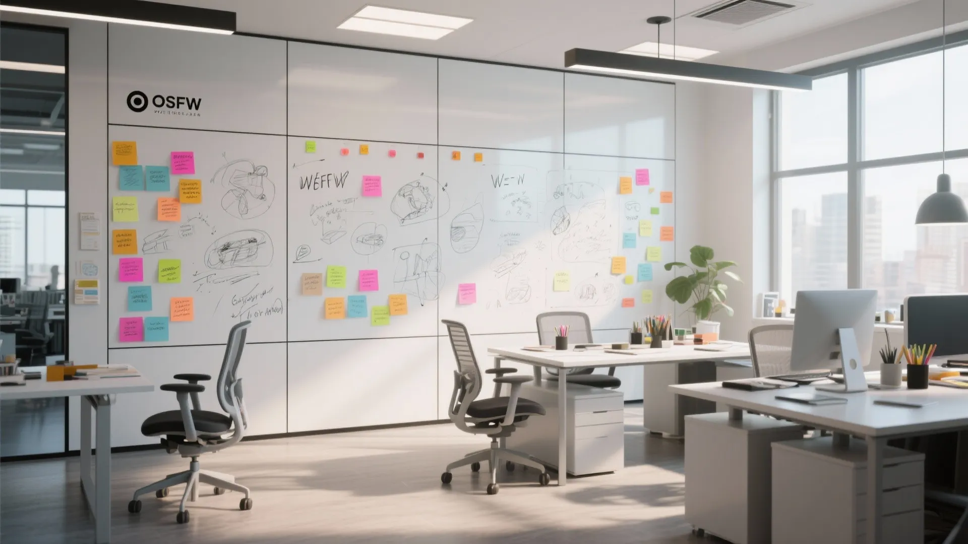 Modern workspace with dry-erase wall panel for brainstorming