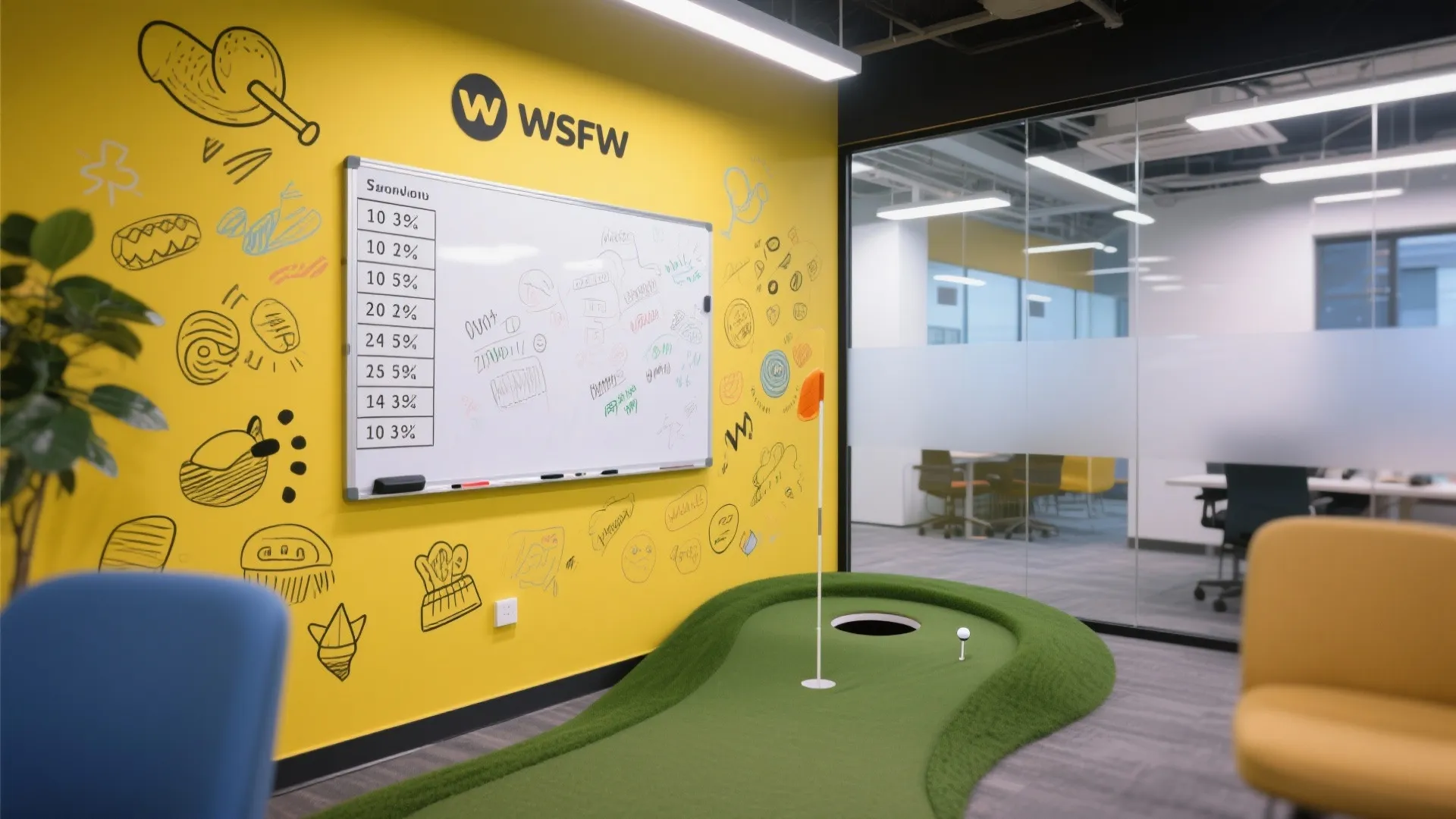 Bright office space featuring yellow wall with whiteboard and indoor green grass golf putting area