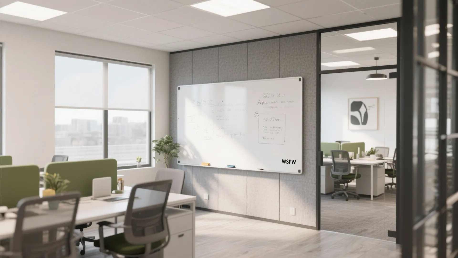 Bright open office interior with whiteboards, grey wall panels, green partitions, desks, and glass doors