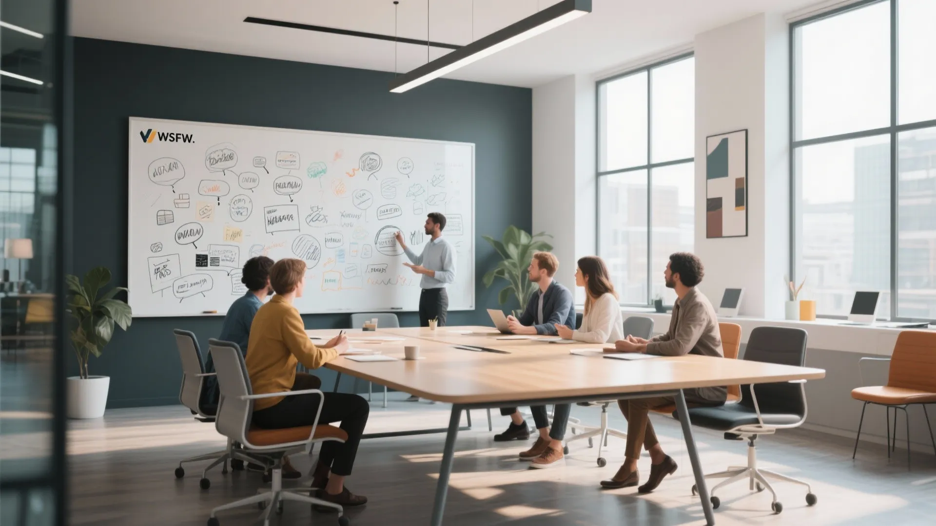 Meeting table with writable whiteboard top in a team space