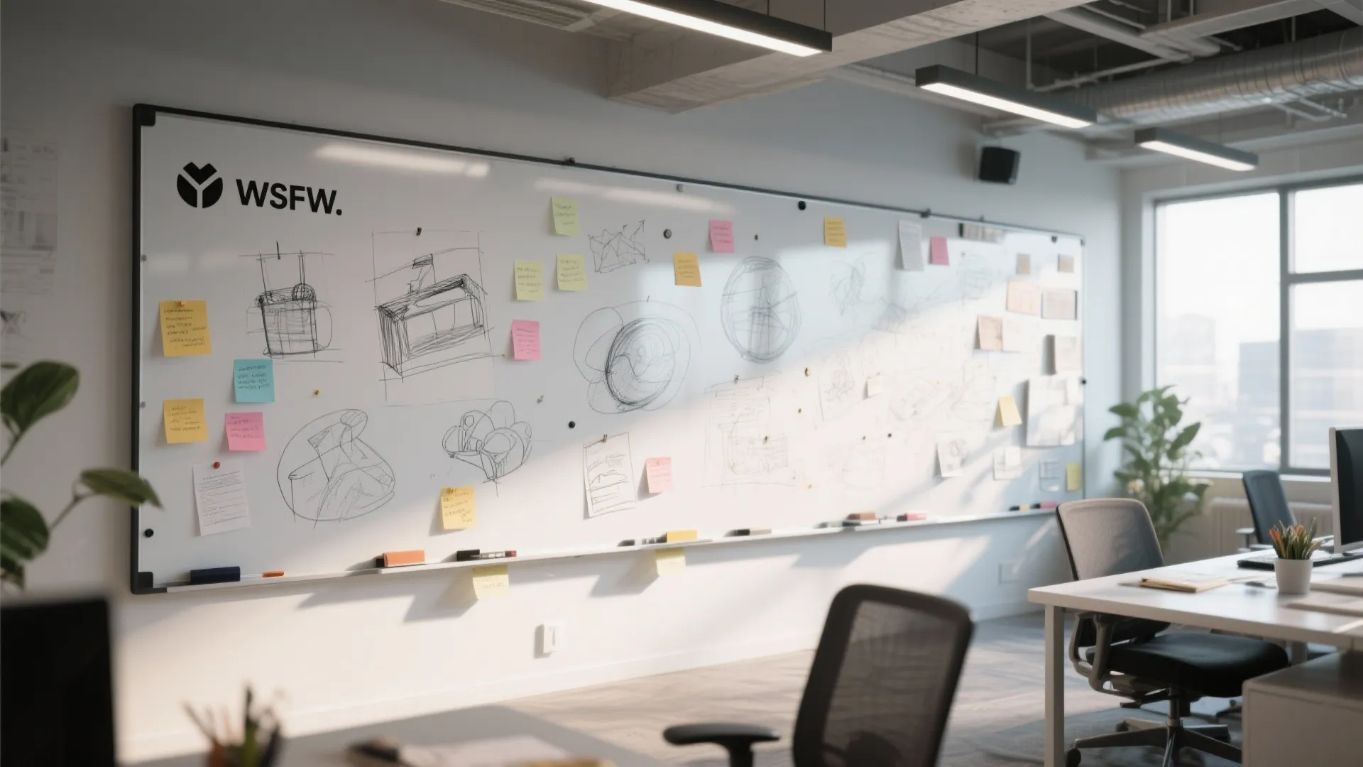 Magnetic whiteboard wall with sketches and notes