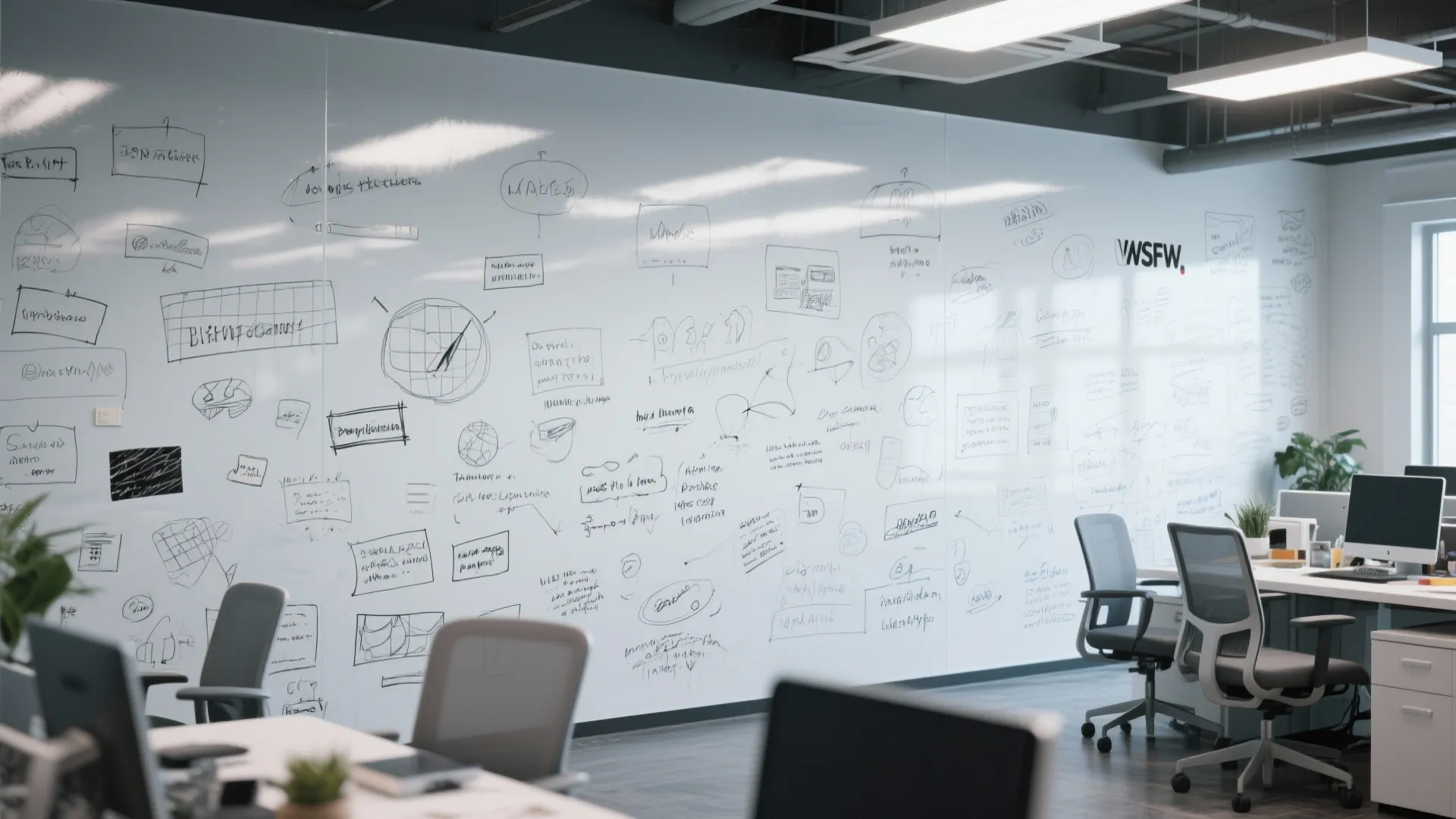 Bright office interior featuring a large whiteboard wall with sketches desks chairs and ceiling lights