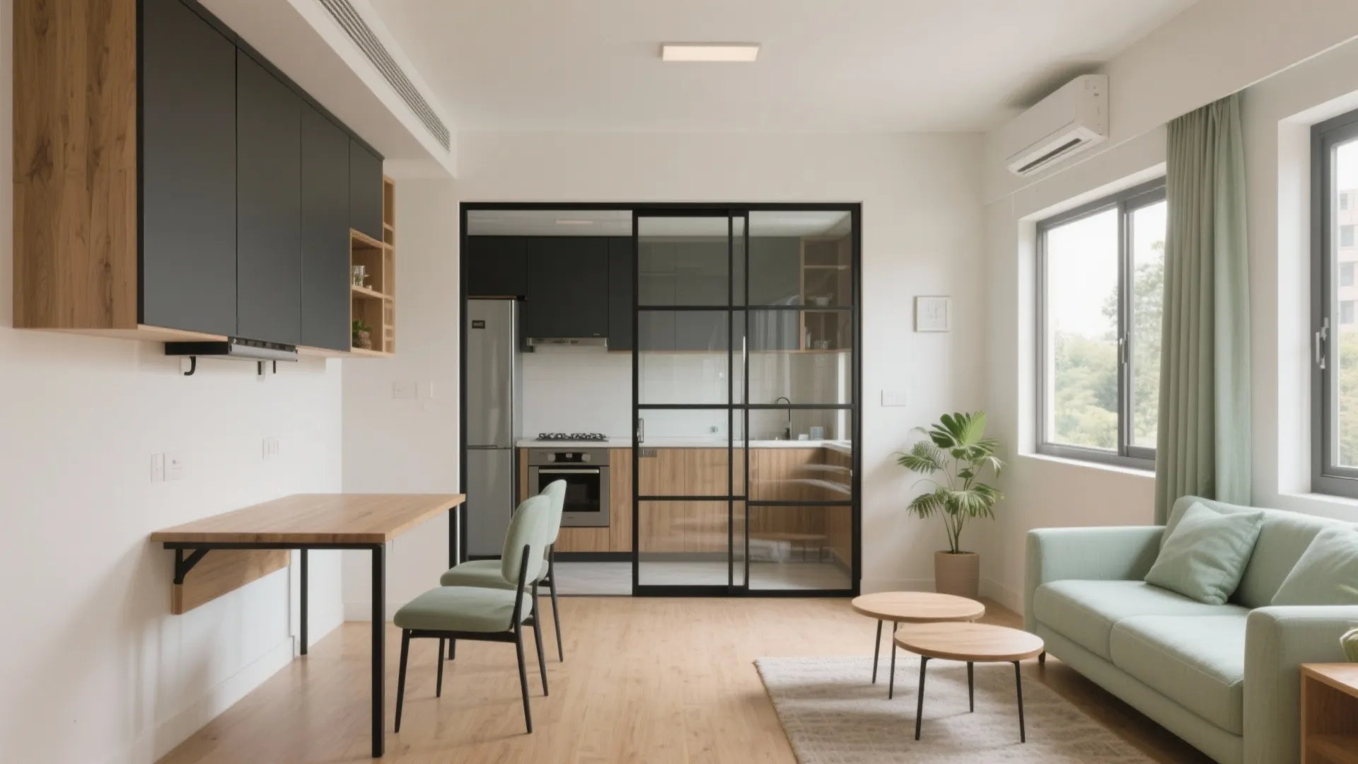 Modern open living room with light green sofa wood flooring and glass sliding kitchen doors