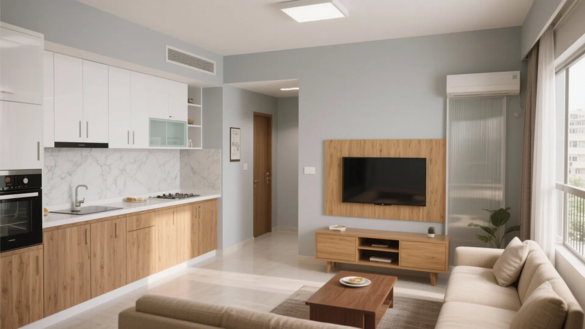 Open plan apartment layout featuring small kitchen area wooden TV stand and light beige sofa