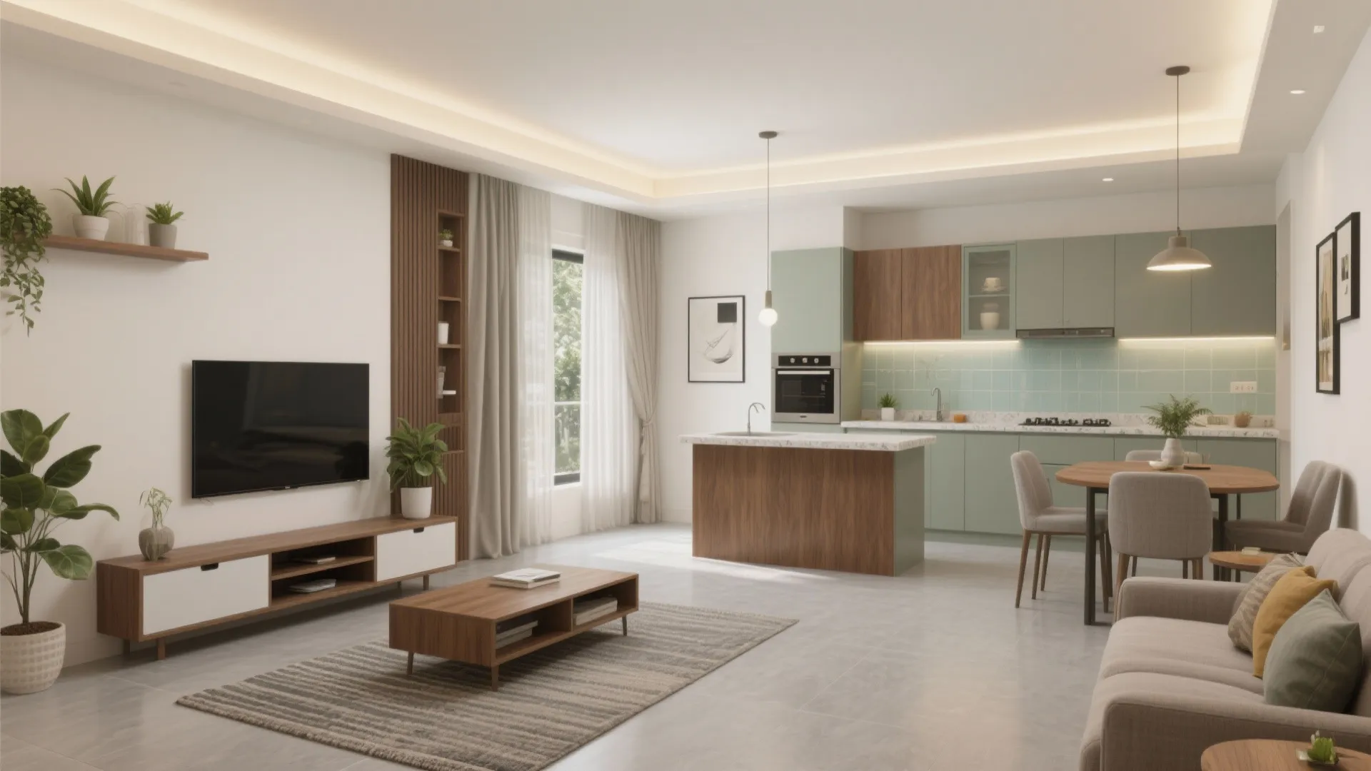 Modern open plan living room and green kitchen with wooden furniture dining table and sofa
