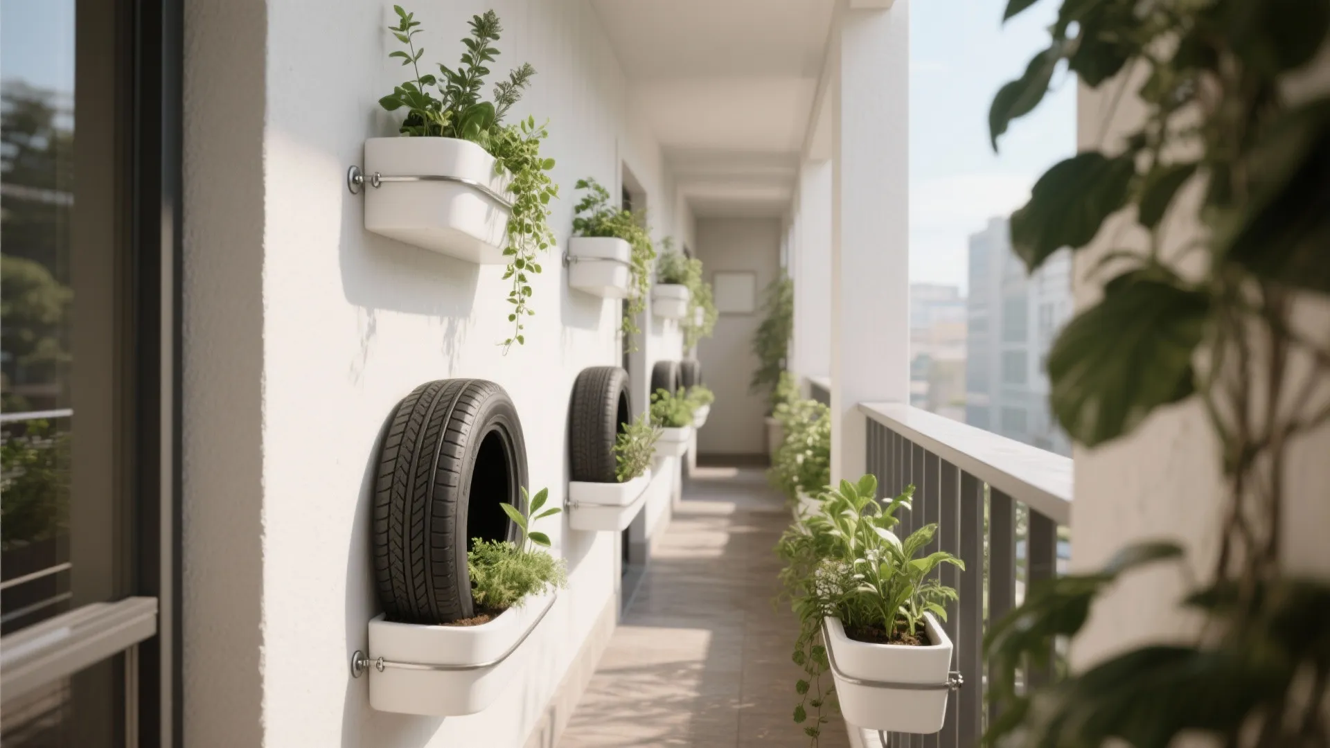 Modern balcony with white wall planters car tires green plants sunlight and view of buildings