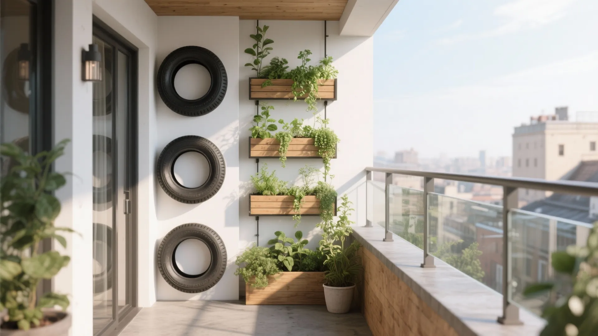 Modern balcony featuring three black tires on white wall beside vertical wooden planters with green plants