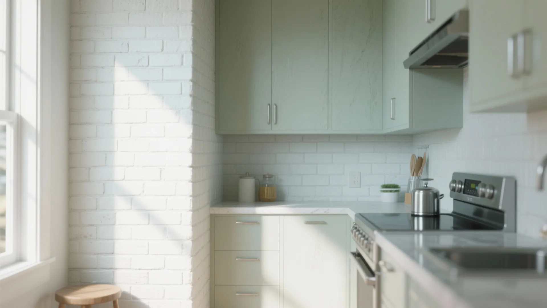 Light green kitchen cabinets with white brick wall and tiles near a stove and window